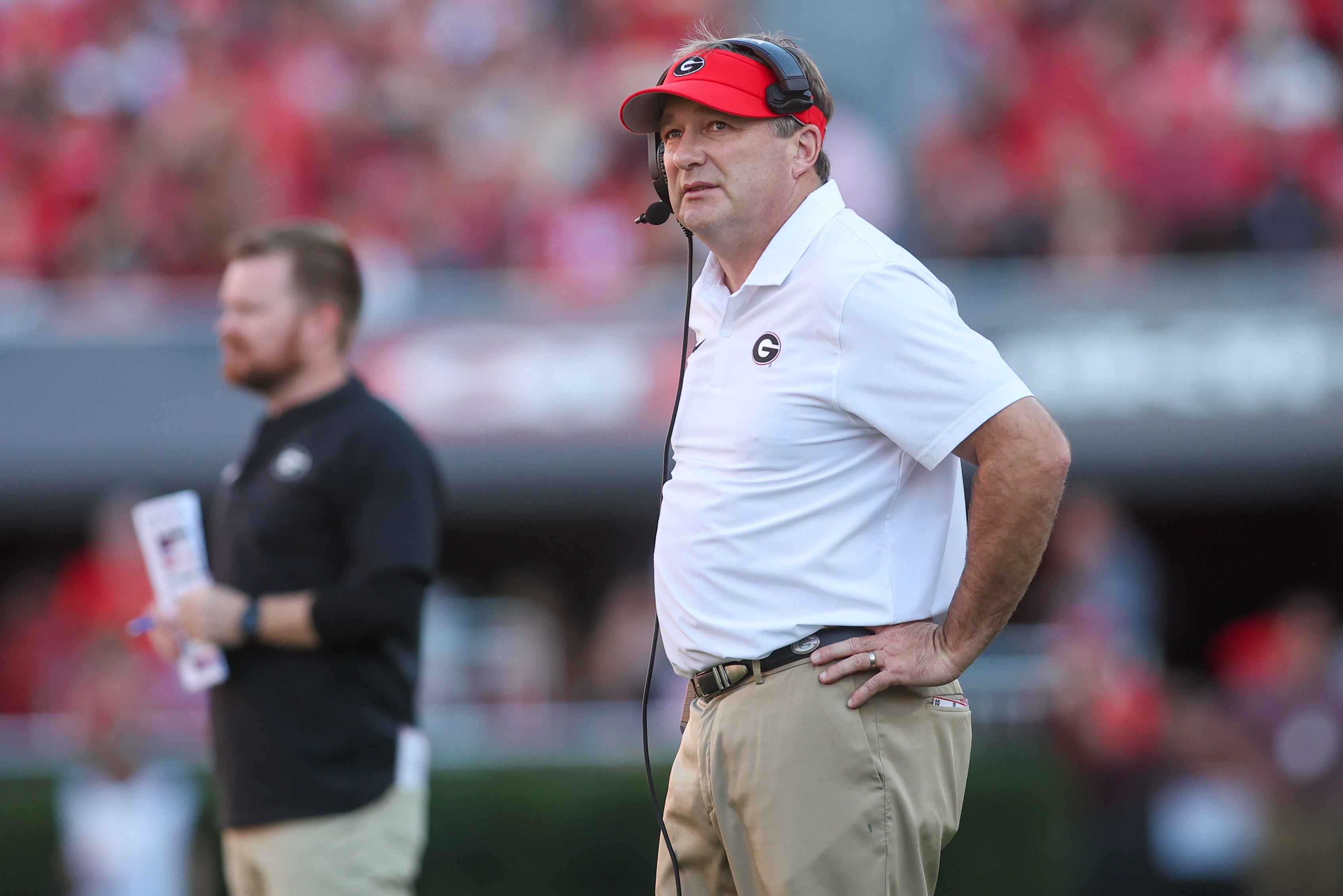 Georgia Bulldogs head coach Kirby Smart on the sideline against the Mississippi State Bulldogs in the second quarter at Sanford Stadium.