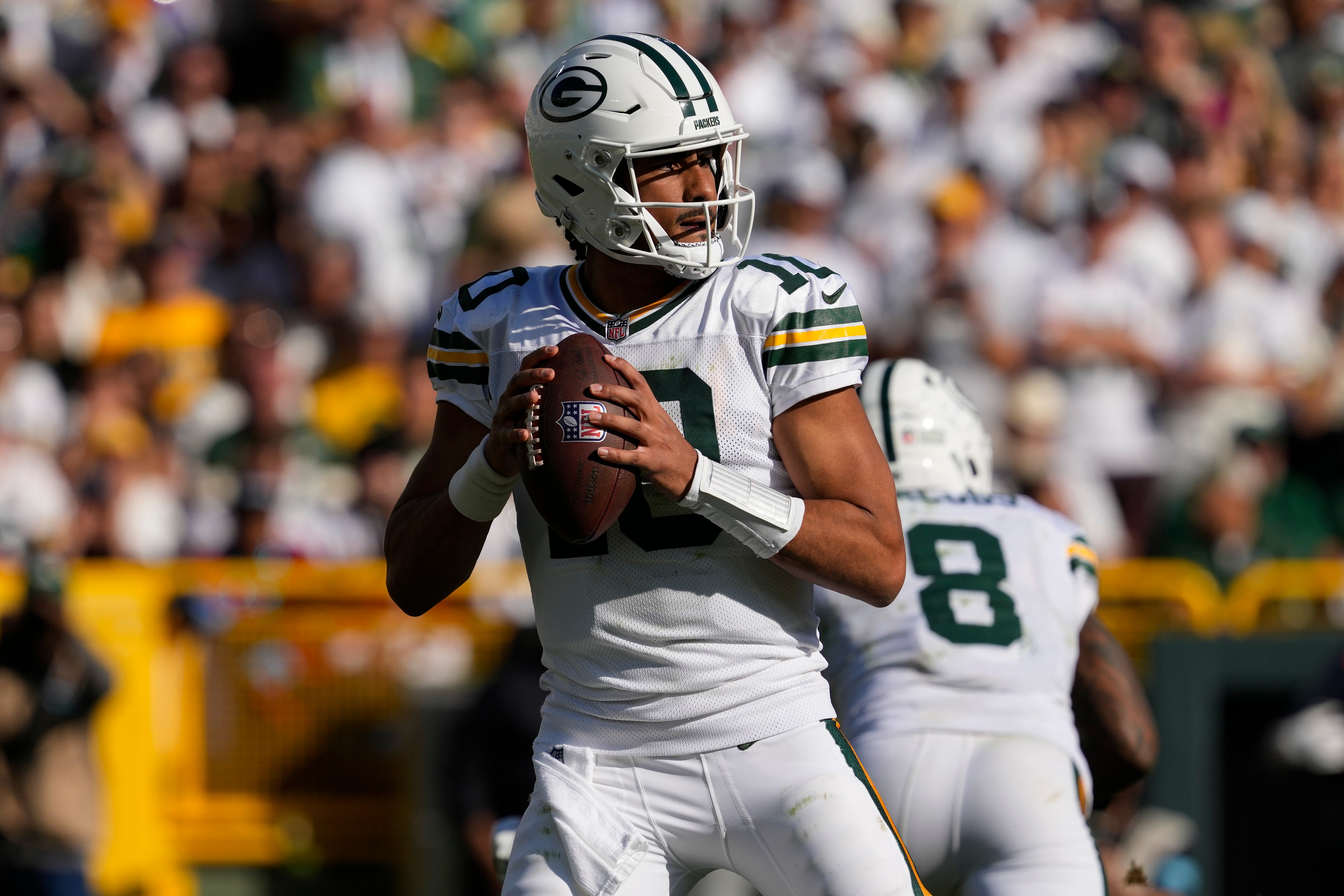 Green Bay Packers quarterback Jordan Love (10) during the game against the Houston Texans at Lambeau Field