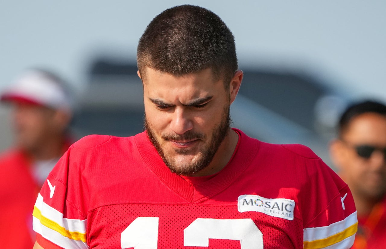 Jul 22, 2024; St. Joseph, MO, USA; Kansas City Chiefs tight end Jared Wiley (12) walks down the hill from the locker room to the fields prior to training camp at Missouri Western State University.
