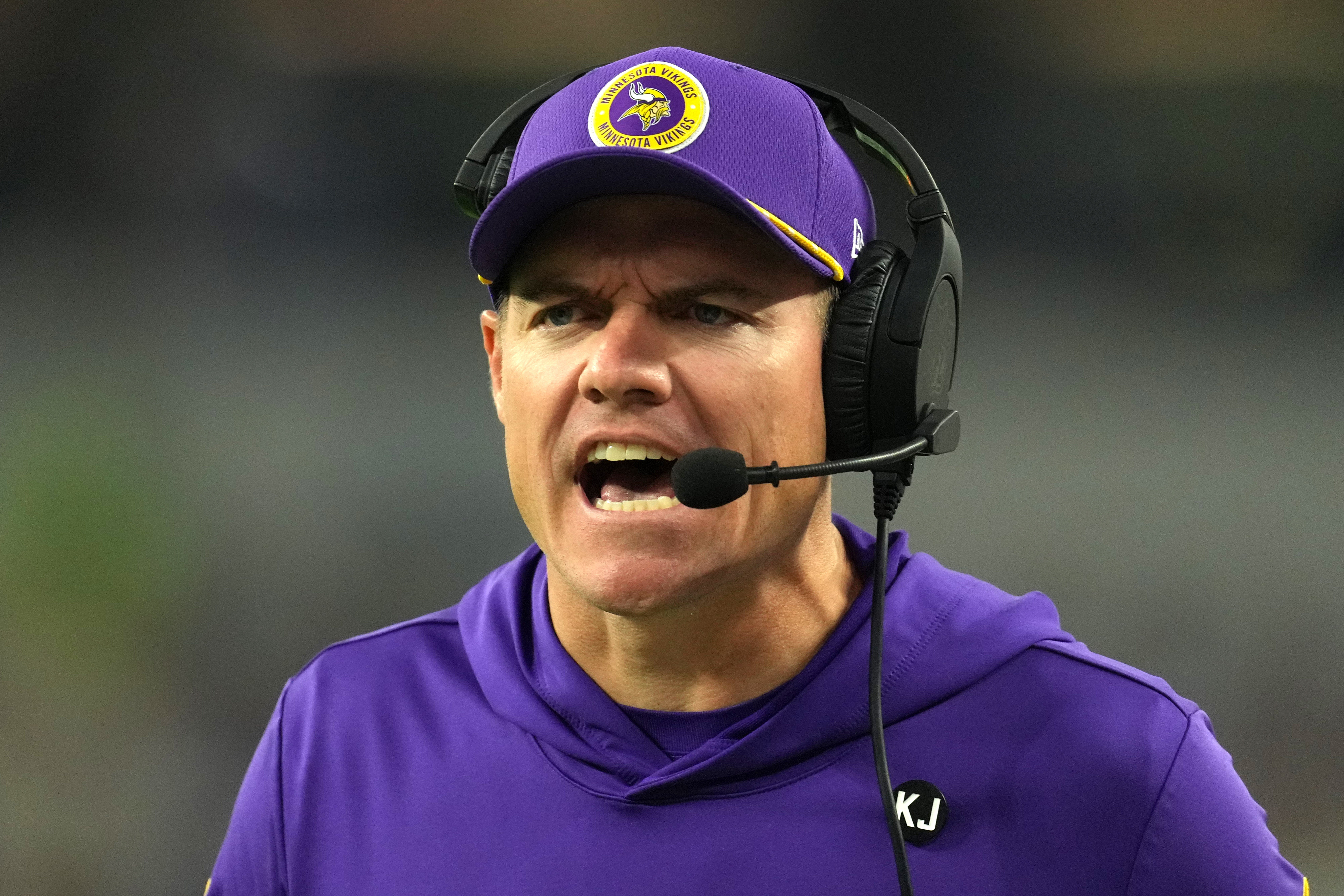 Oct 24, 2024; Inglewood, California, USA; Minnesota Vikings coach Kevin O'Connell reacts against the Los Angeles Rams in the first half at SoFi Stadium.