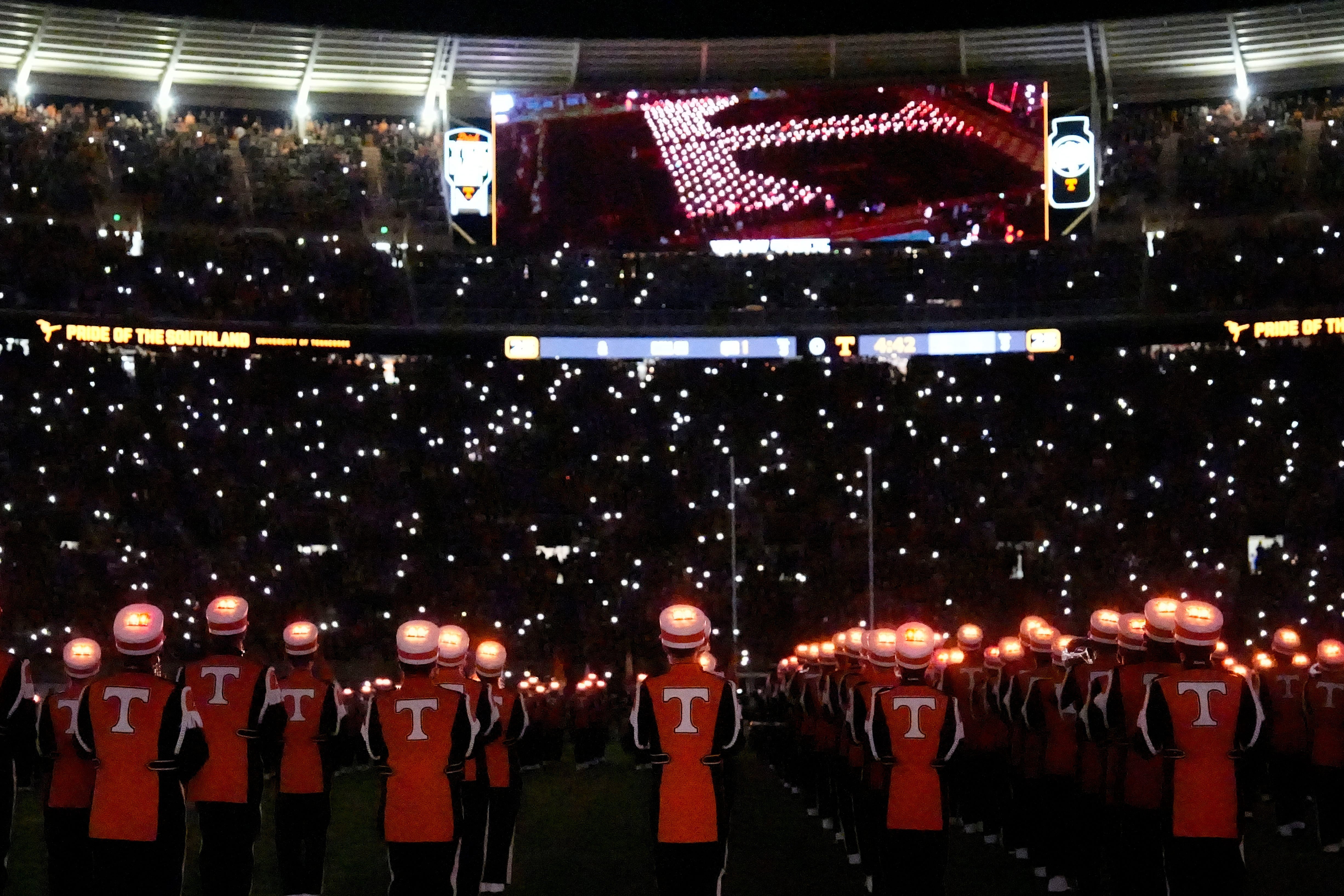 Nov 2, 2024; Knoxville, Tennessee, USA; Tennessee Volunteers Pride of the Southland Band form a Power T before a game against the Kentucky Wildcats at Neyland Stadium.