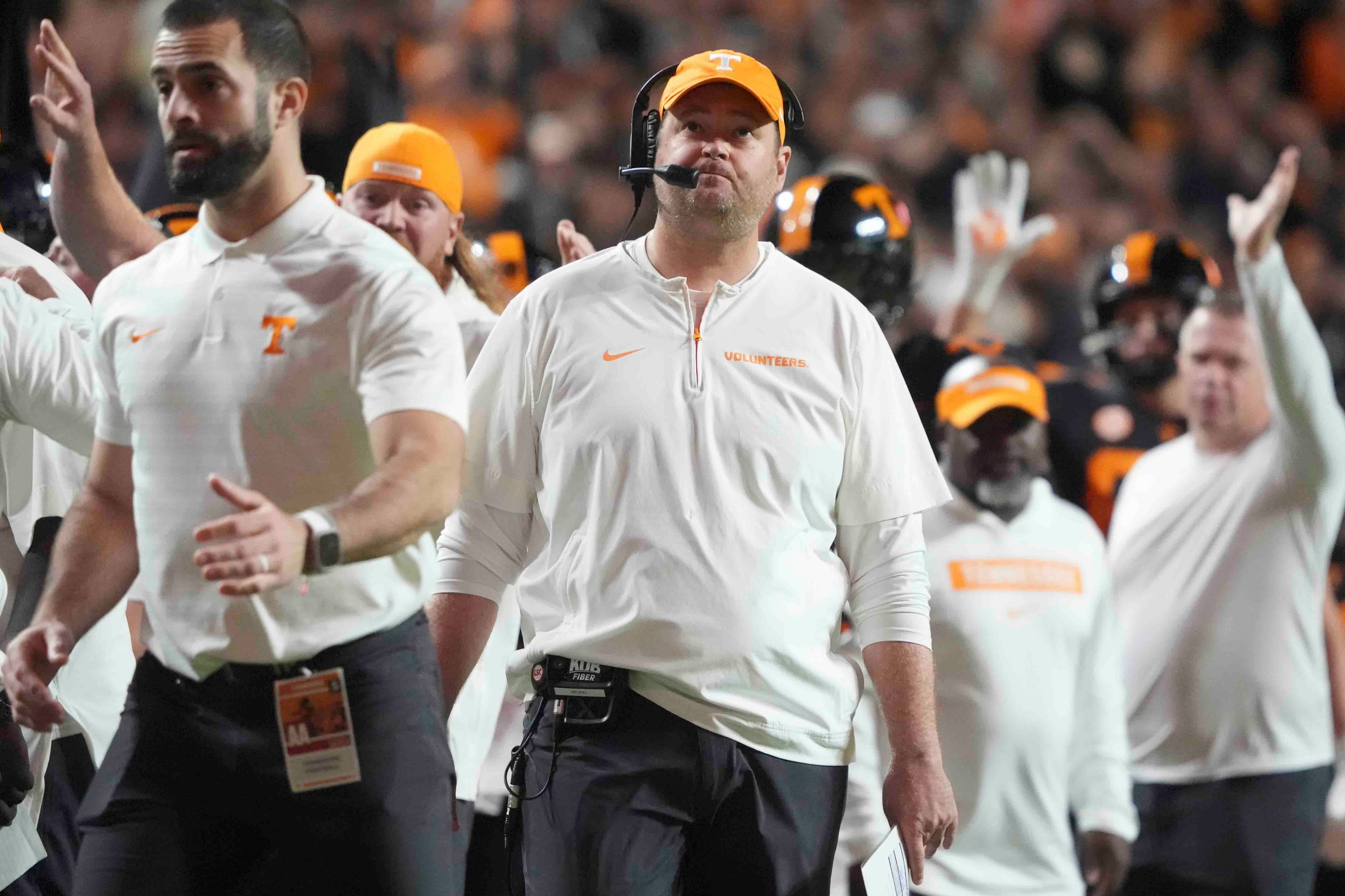 Nov 2, 2024; Knoxville, Tennessee, USA; Tennessee Volunteers head coach Josh Heupel looks at the scoreboard after a touchdown against the Kentucky Wildcats during the first half at Neyland Stadium