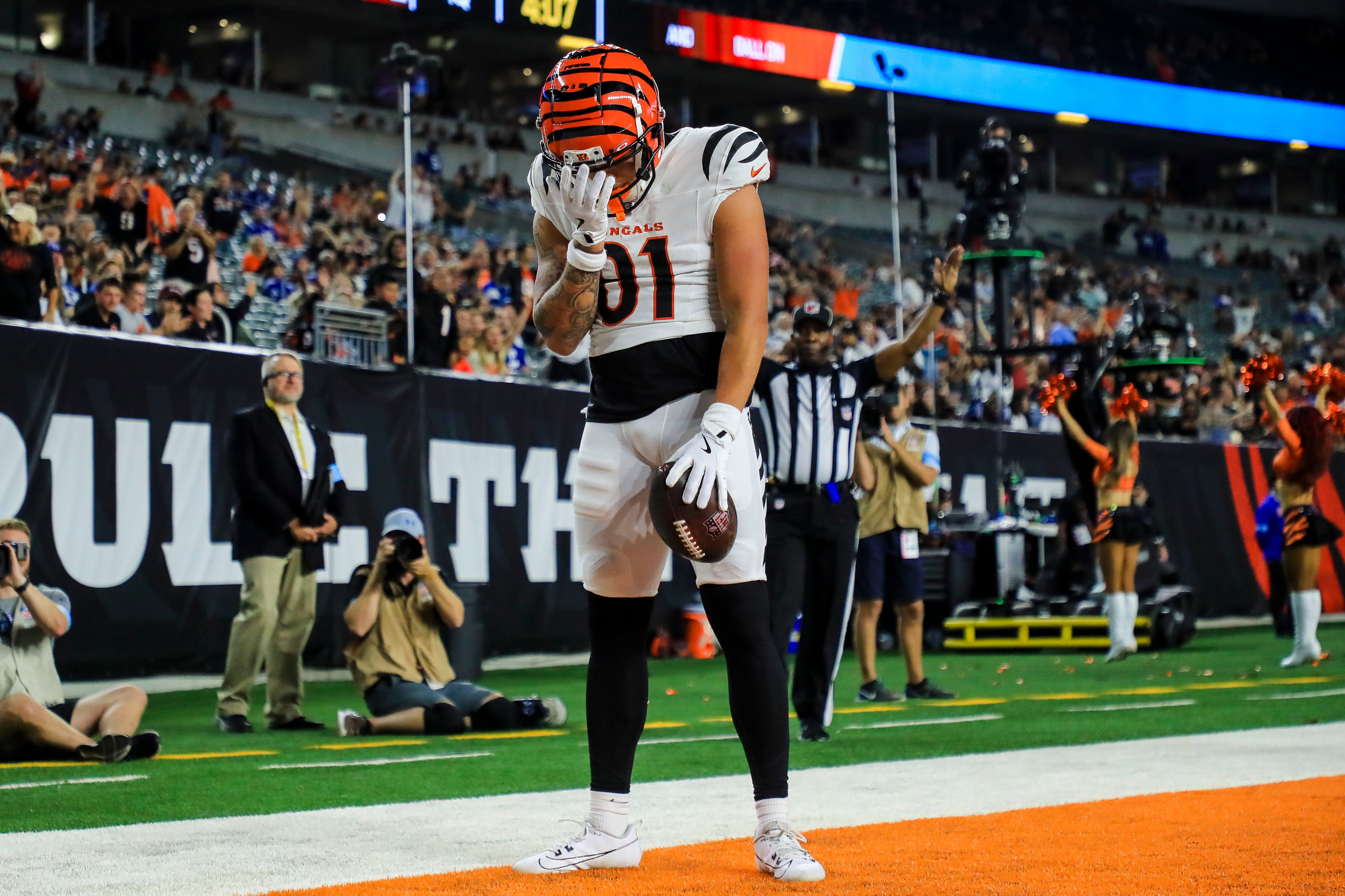 Aug 22, 2024; Cincinnati, Ohio, USA; Cincinnati Bengals wide receiver Jermaine Burton (81) reacts after scoring a touchdown against the Indianapolis Colts in the second half at Paycor Stadium.