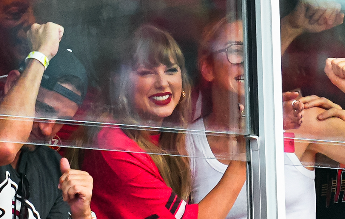 Sep 15, 2024; Kansas City, Missouri, USA; Recording artist Taylor Swift celebrates after a Kansas City Chiefs touchdown during the second half against the Cincinnati Bengals at GEHA Field at Arrowhead Stadium.