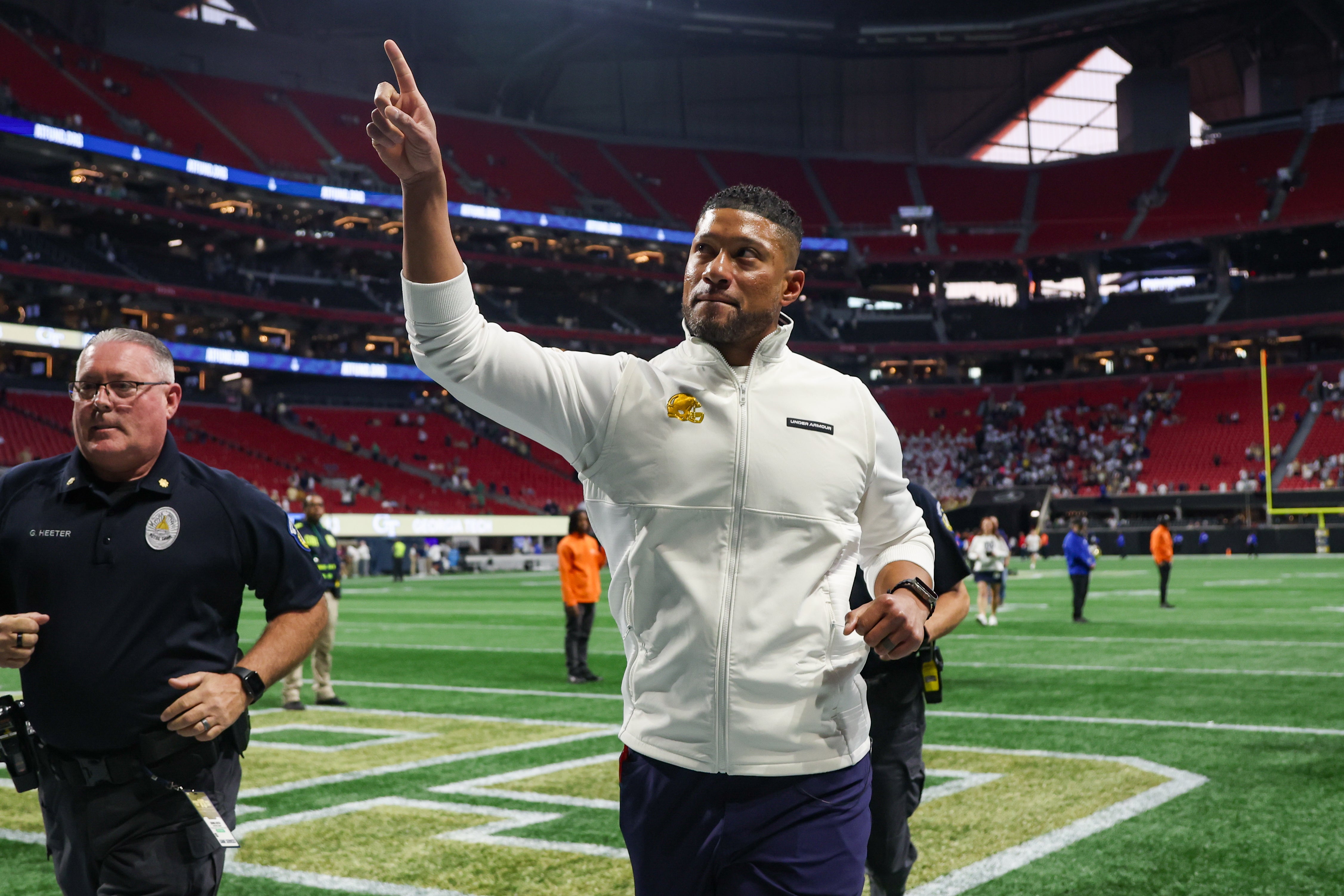 Notre Dame Fighting Irish head coach Marcus Freeman celebrates after a victory over the Georgia Tech Yellow Jackets at Mercedes-Benz Stadium.