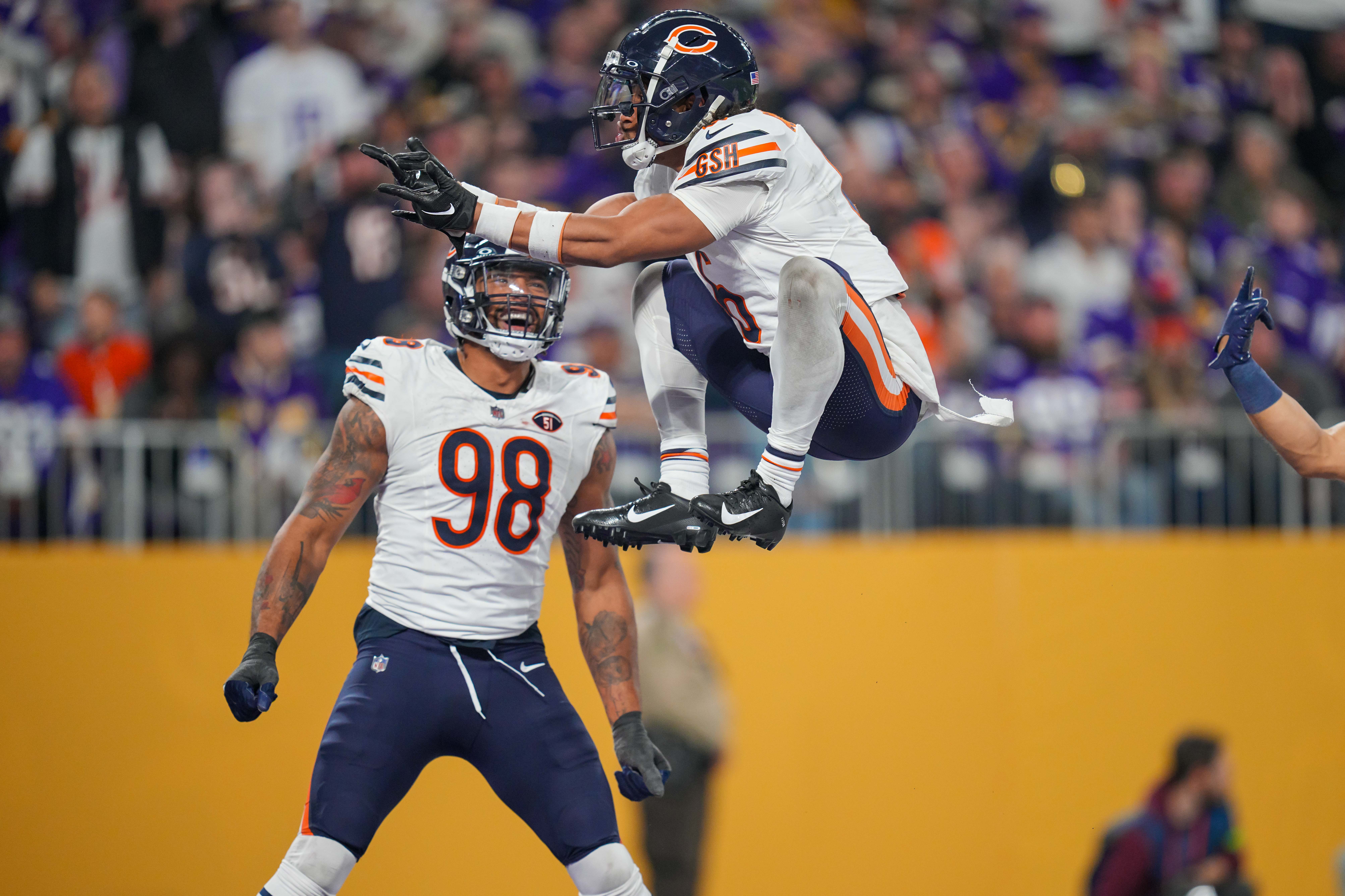 Nov 27, 2023; Minneapolis, Minnesota, USA; Chicago Bears cornerback Kyler Gordon (6) celebrates his interception against the Minnesota Vikings in the fourth quarter at U.S. Bank Stadium.