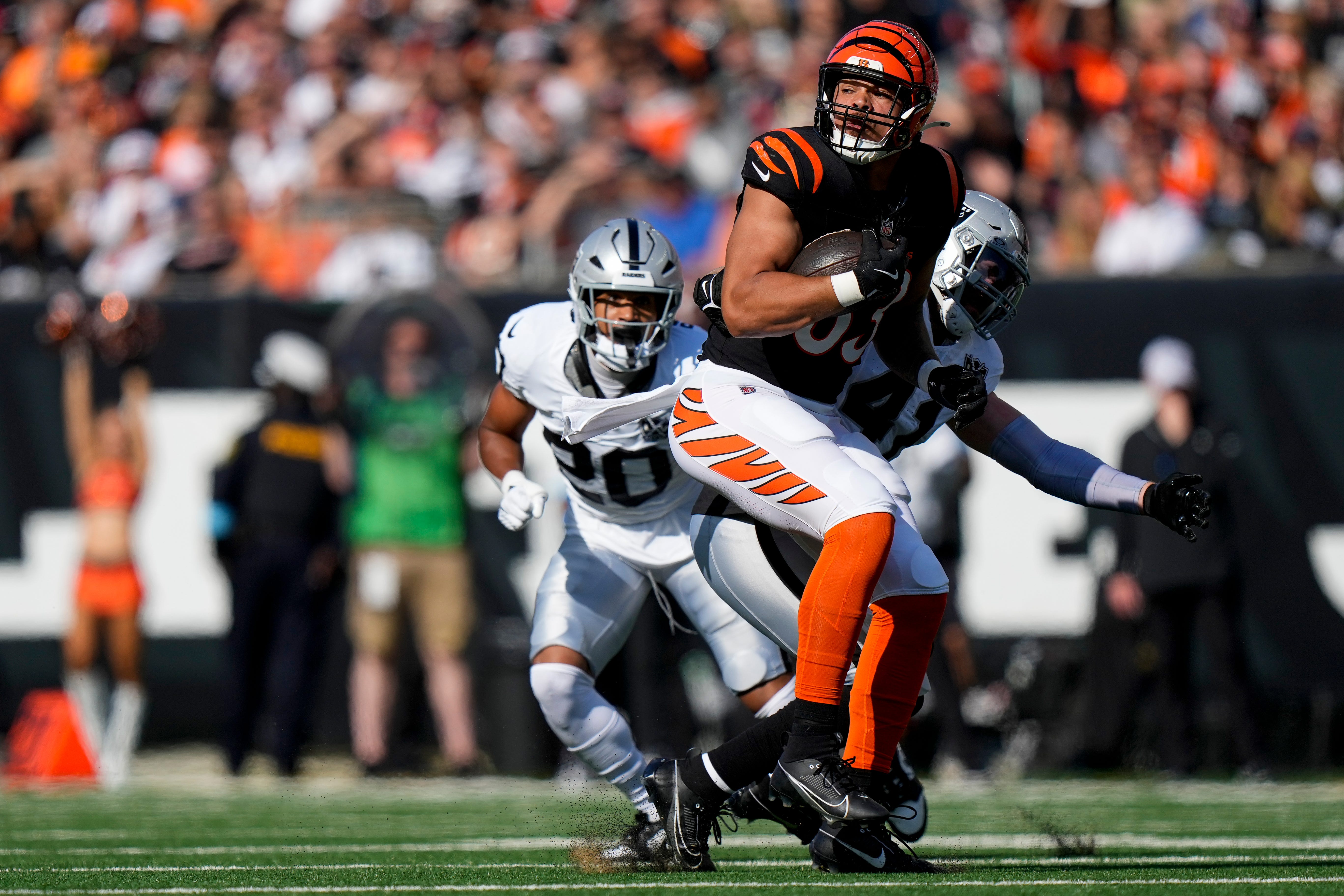 Cincinnati Bengals tight end Erick All Jr. (83) secures a pass in the second quarter of the NFL Week 9 game between the Cincinnati Bengals and the Las Vegas Raiders at Paycor Stadium in downtown Cincinnati on Sunday, Nov. 3, 2024.  