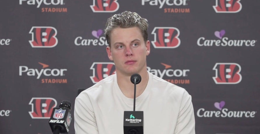 Cincinnati Bengals quarterback Joe Burrow talks to reporters following Bengals' 41-17 win over Las Vegas Raiders.
