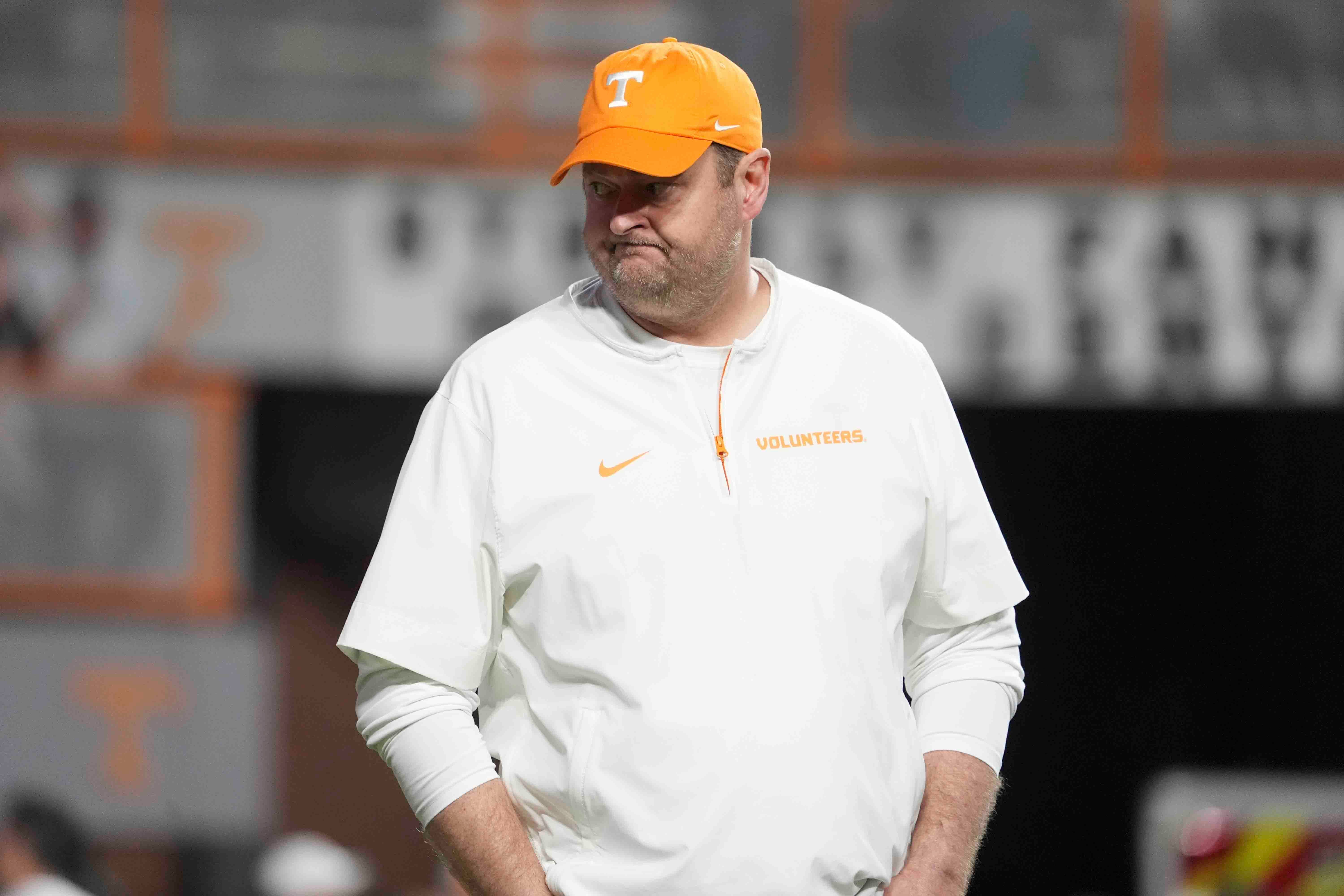 Tennessee head coach Josh Heupel walks on the field before a game between Tennessee and Kentucky at Neyland Stadium in Knoxville, Tenn., Saturday, Nov. 2, 2024.
