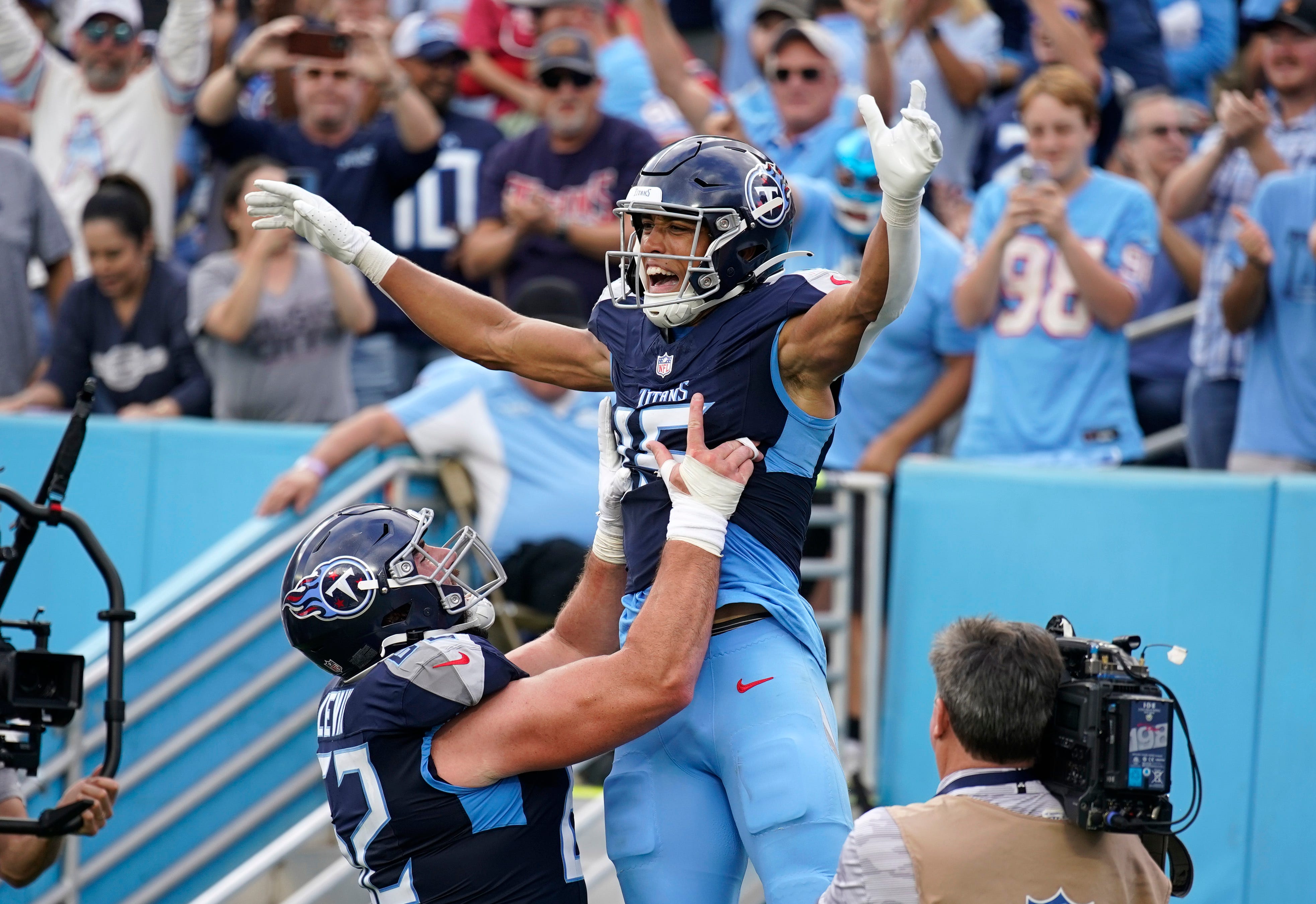Tennessee Titans wide receiver Nick Westbrook-Ikhine (15) celebrates his 4th quarter touchdown at Nissan Stadium in Nashville, Tenn., Sunday, Nov. 3, 2024 Denny Simmons / The Tennessean-USA TODAY NETWORK via Imagn Images