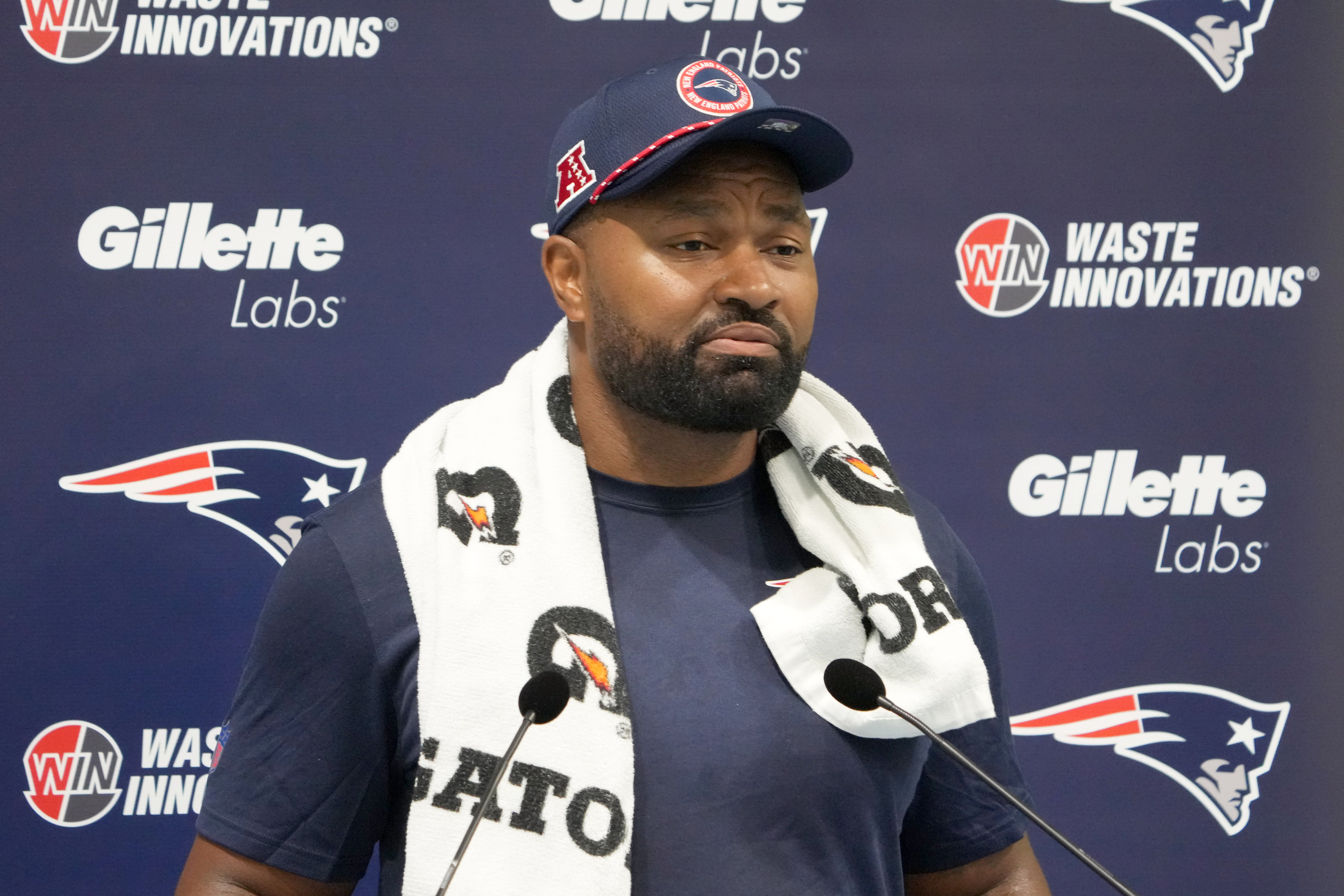 Oct 18, 2024; London, United Kingdom; New England Patriots coach Jerod Mayo at press conference at the Harrow School.