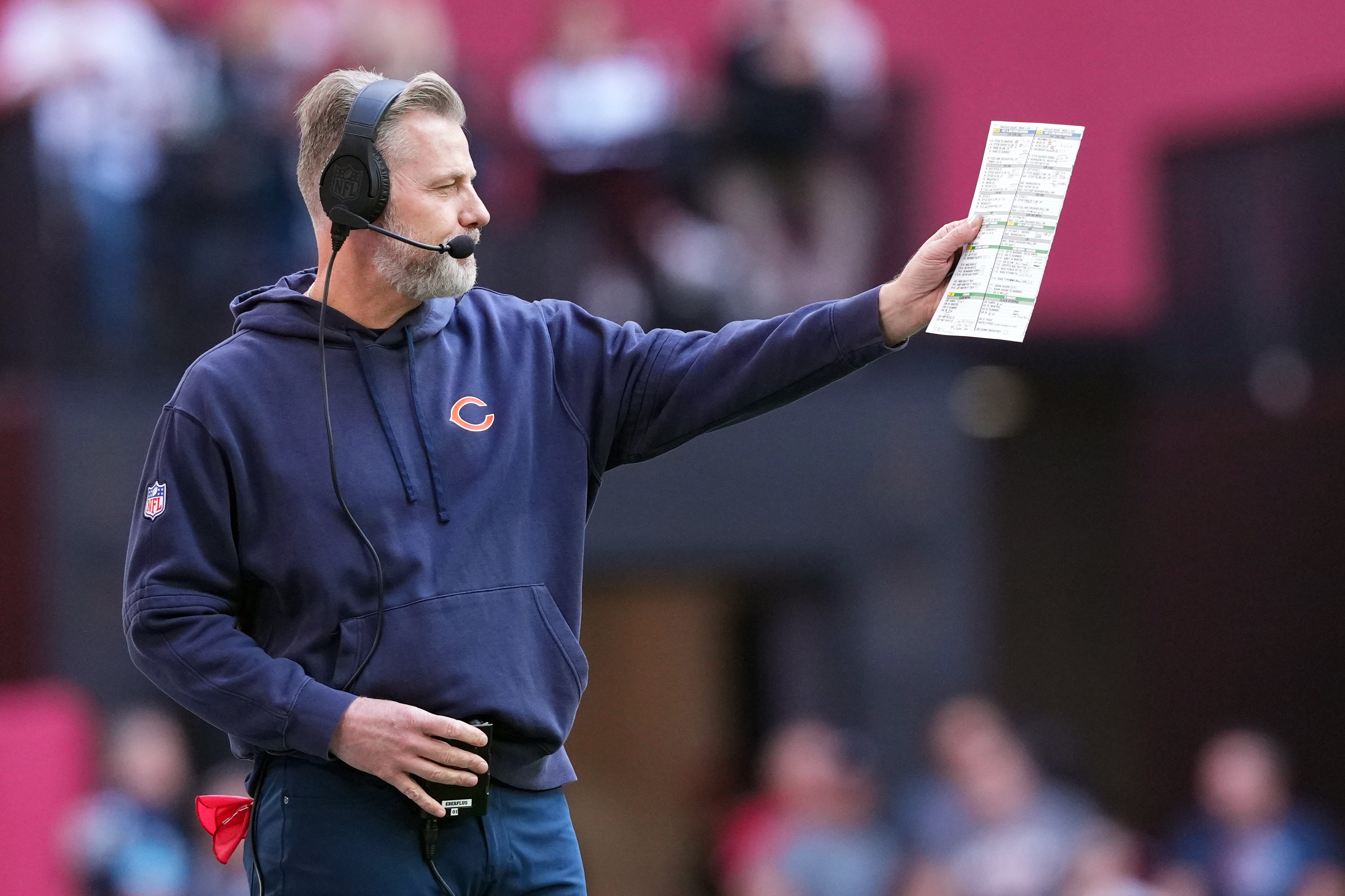 Nov 3, 2024; Glendale, Arizona, USA; Chicago Bears head coach Matt Eberflus reacts against the Arizona Cardinals during the first half at State Farm Stadium.