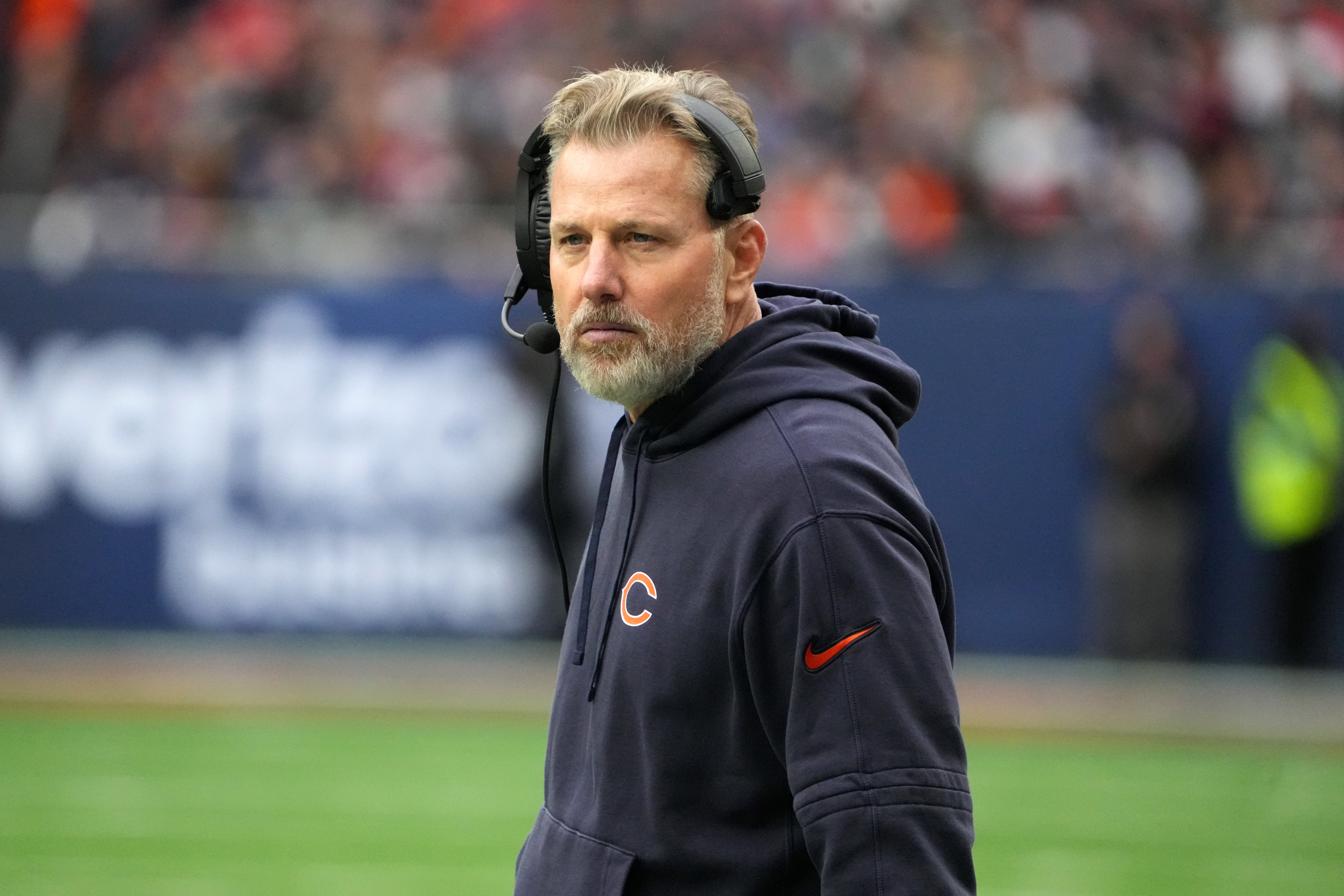 Oct 13, 2024; London, United Kingdom; Chicago Bears coach Matt Eberflus watches from the sidelines against the Jacksonville Jaguars in the second half during an NFL International Series game at Tottenham Hotspur Stadium.