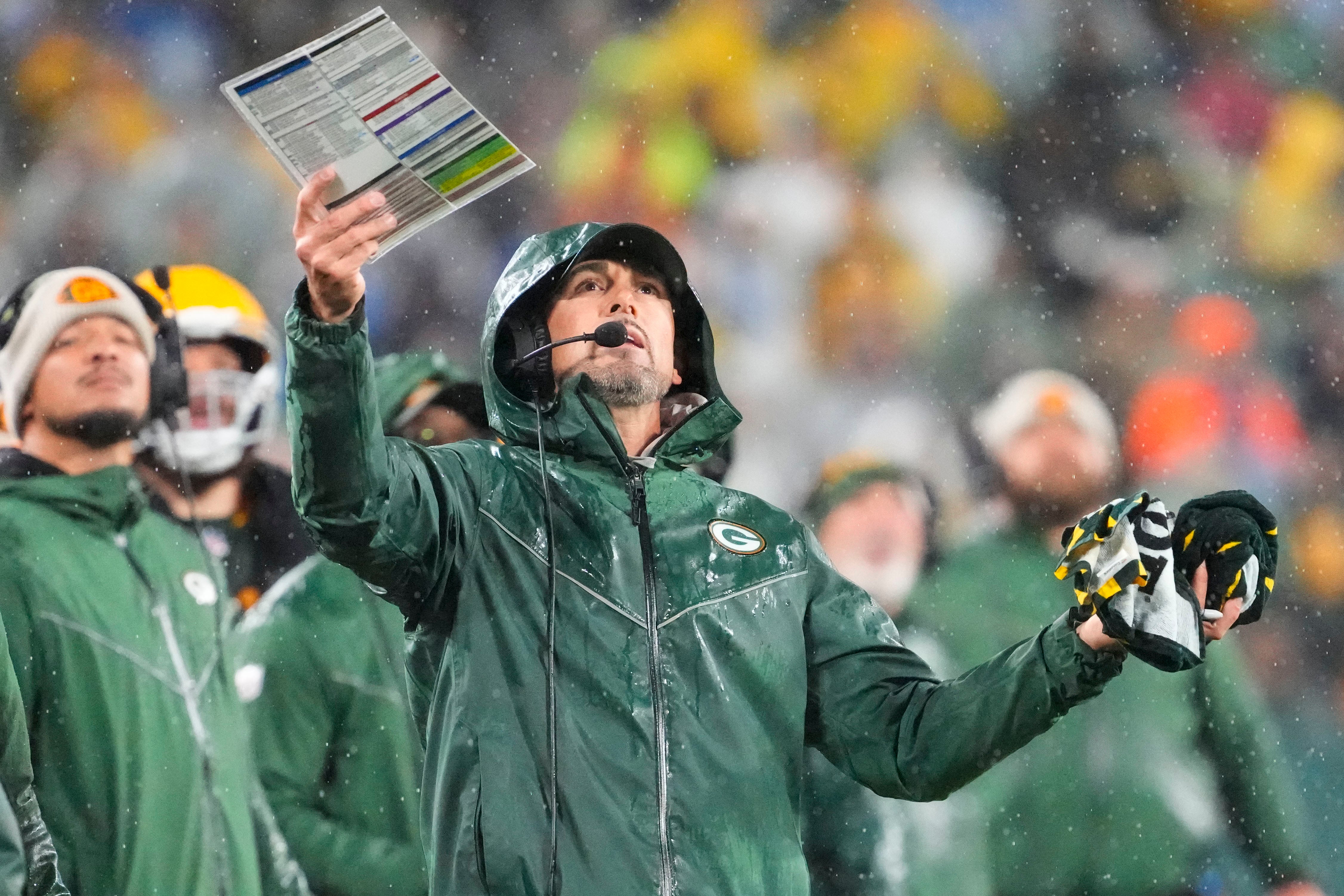 Green Bay Packers head coach Matt LaFleur reacts to a call during the fourth quarter against the Detroit Lions at Lambeau Field.