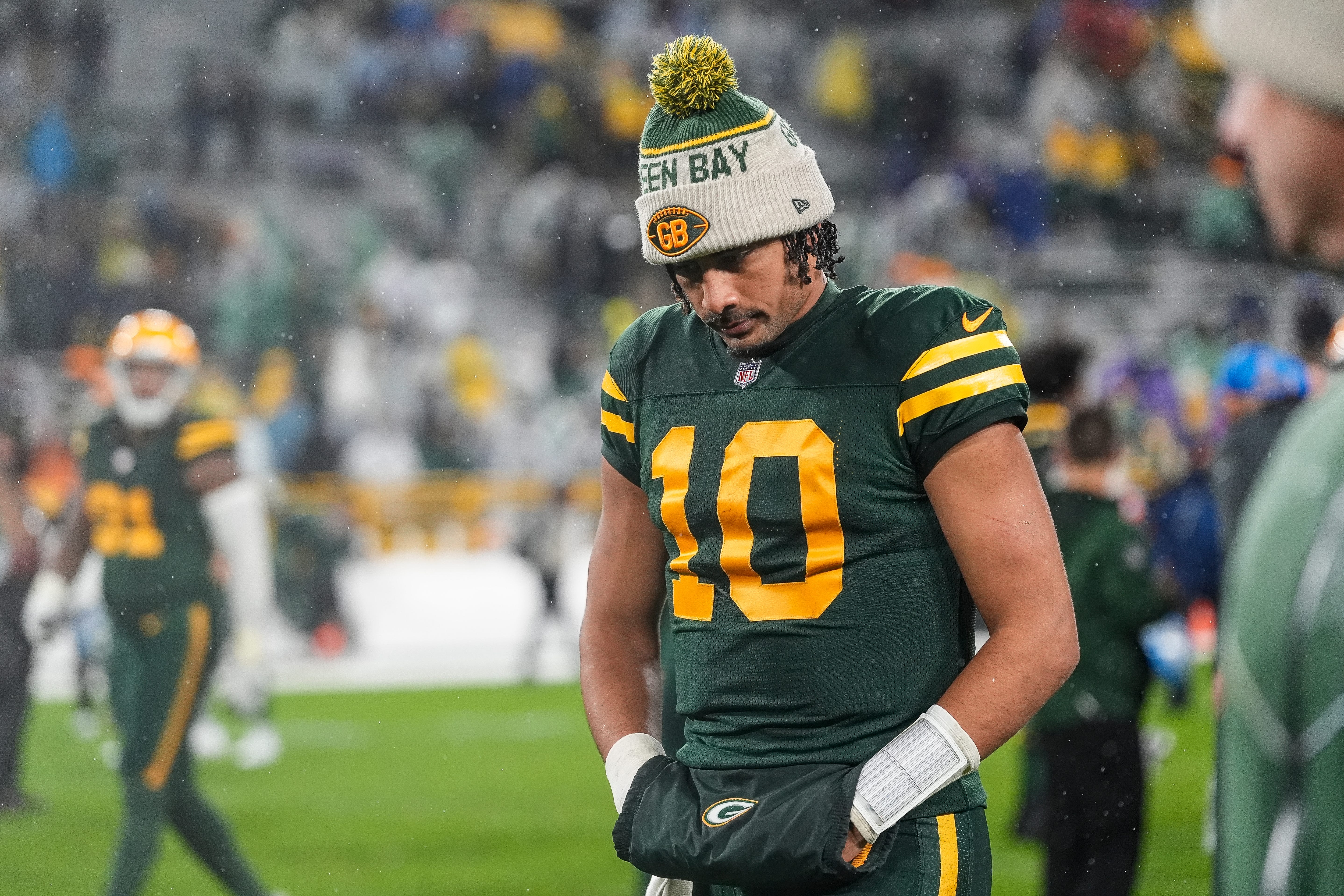 Green Bay Packers quarterback Jordan Love (10) walks off the field after 24-14 loss to Detroit Lions at Lambeau Field in Green Bay, Wis. on Sunday, Nov. 3, 2024.