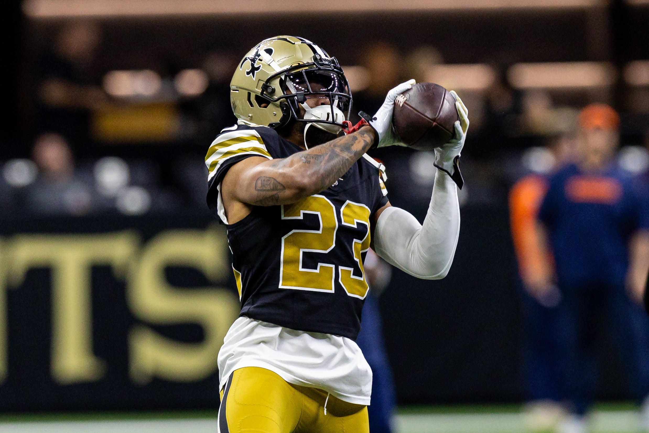 New Orleans Saints cornerback Marshon Lattimore (23) during the warmups before the game against the Denver Broncos at Caesars Superdome.