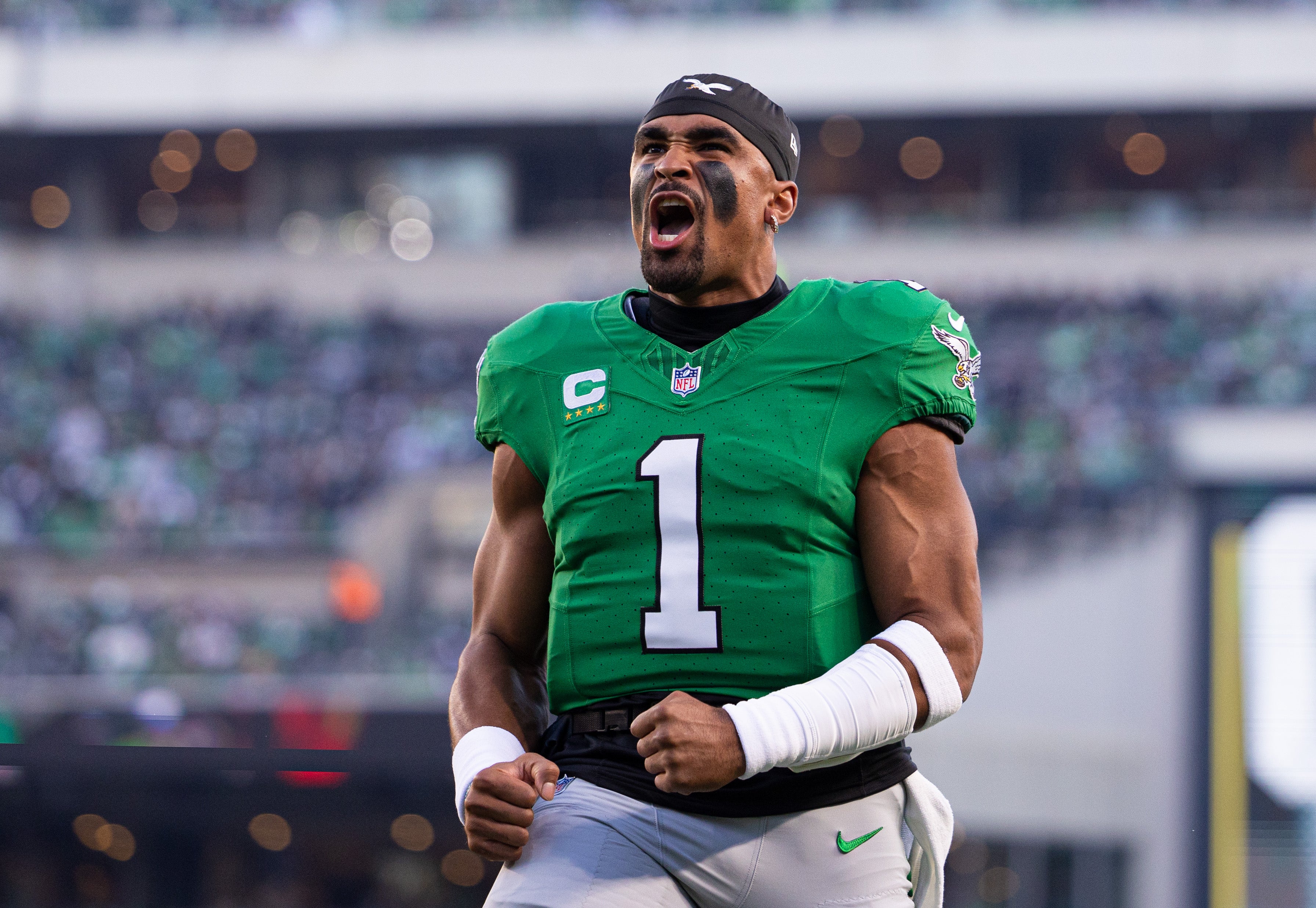 Philadelphia Eagles quarterback Jalen Hurts (1) reacts before kick off against the Jacksonville Jaguars at Lincoln Financial Field.