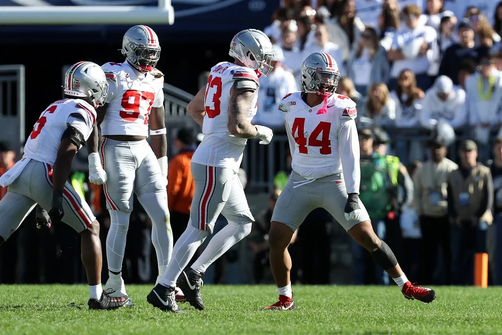 Ohio State Buckeyes defensive end JT Tuimoloau (44) reacts following a sack on Penn State Nittany Lions quarterback Drew Allar (15) (not pictured) resulting in a fourth down during the third quarter