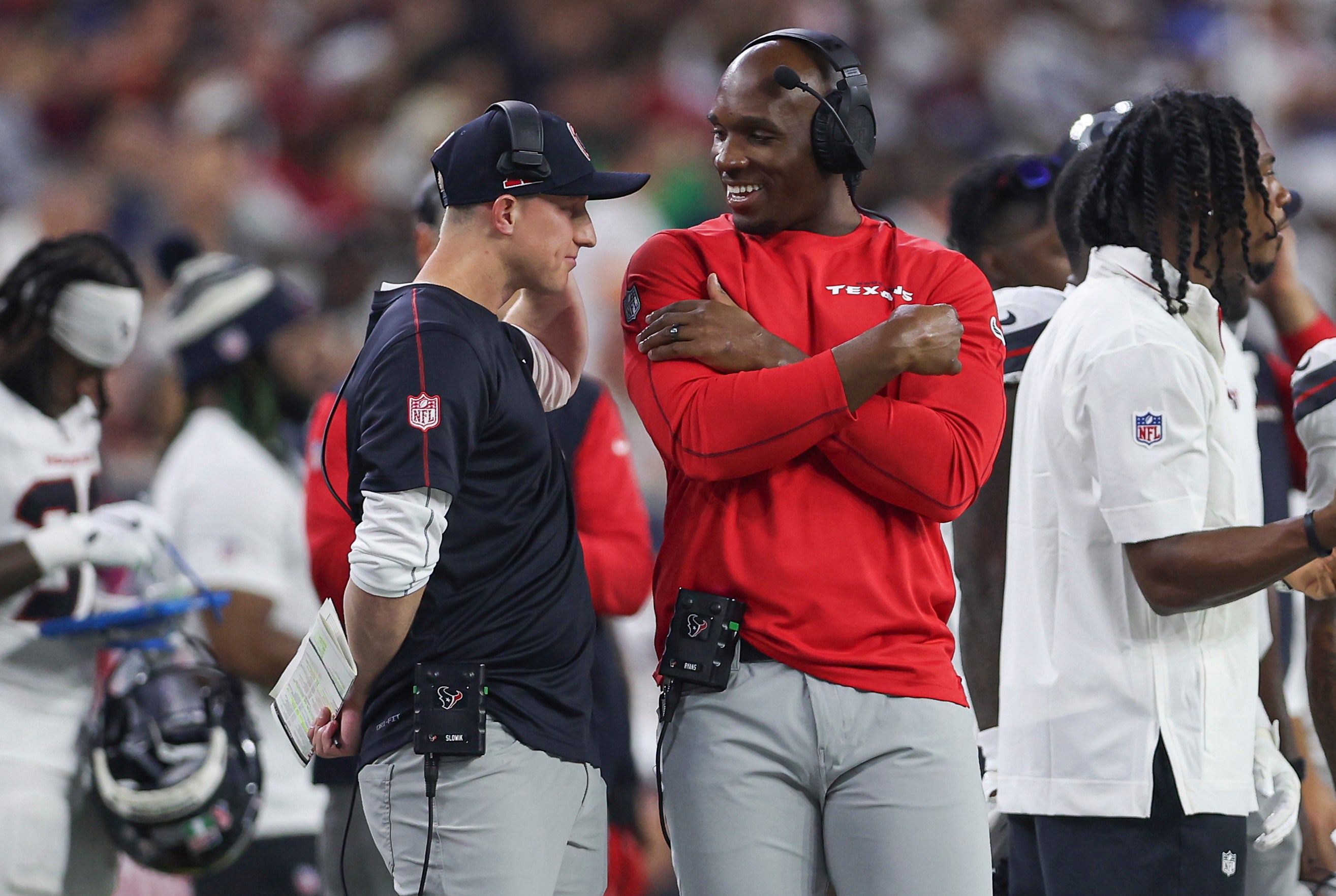 Sep 15, 2024; Houston, Texas, USA; Houston Texans head coach DeMeco Ryans (right) talks with offensive coordinator Bobby Slowik during the game against the Chicago Bears at NRG Stadium.