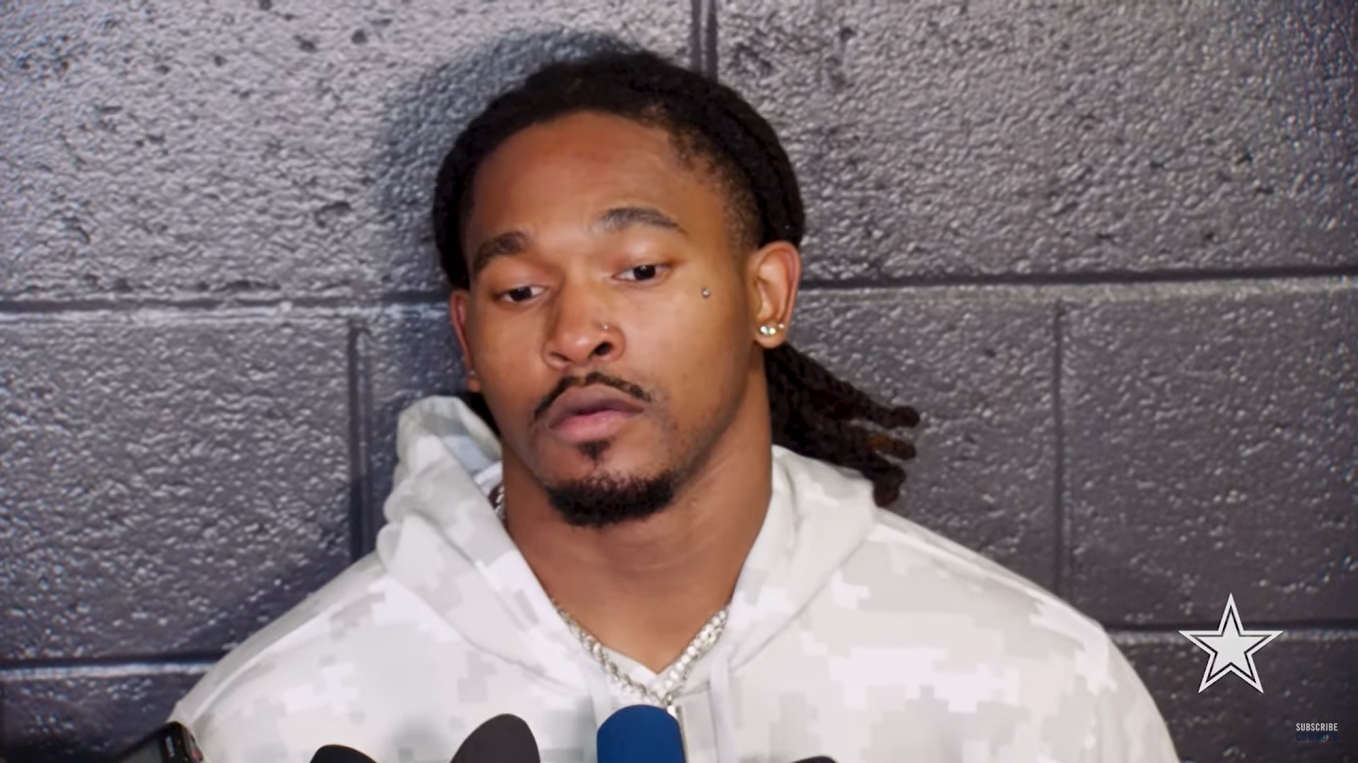 Dallas Cowboys RB Rico Dowdle talks to reporters postgame.