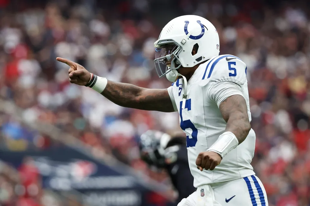 Indianapolis Colts quarterback Anthony Richardson (5) reacts after throwing a touchdown pass against the Houston Texans in the second half at NRG Stadium. The touchdown was called back.