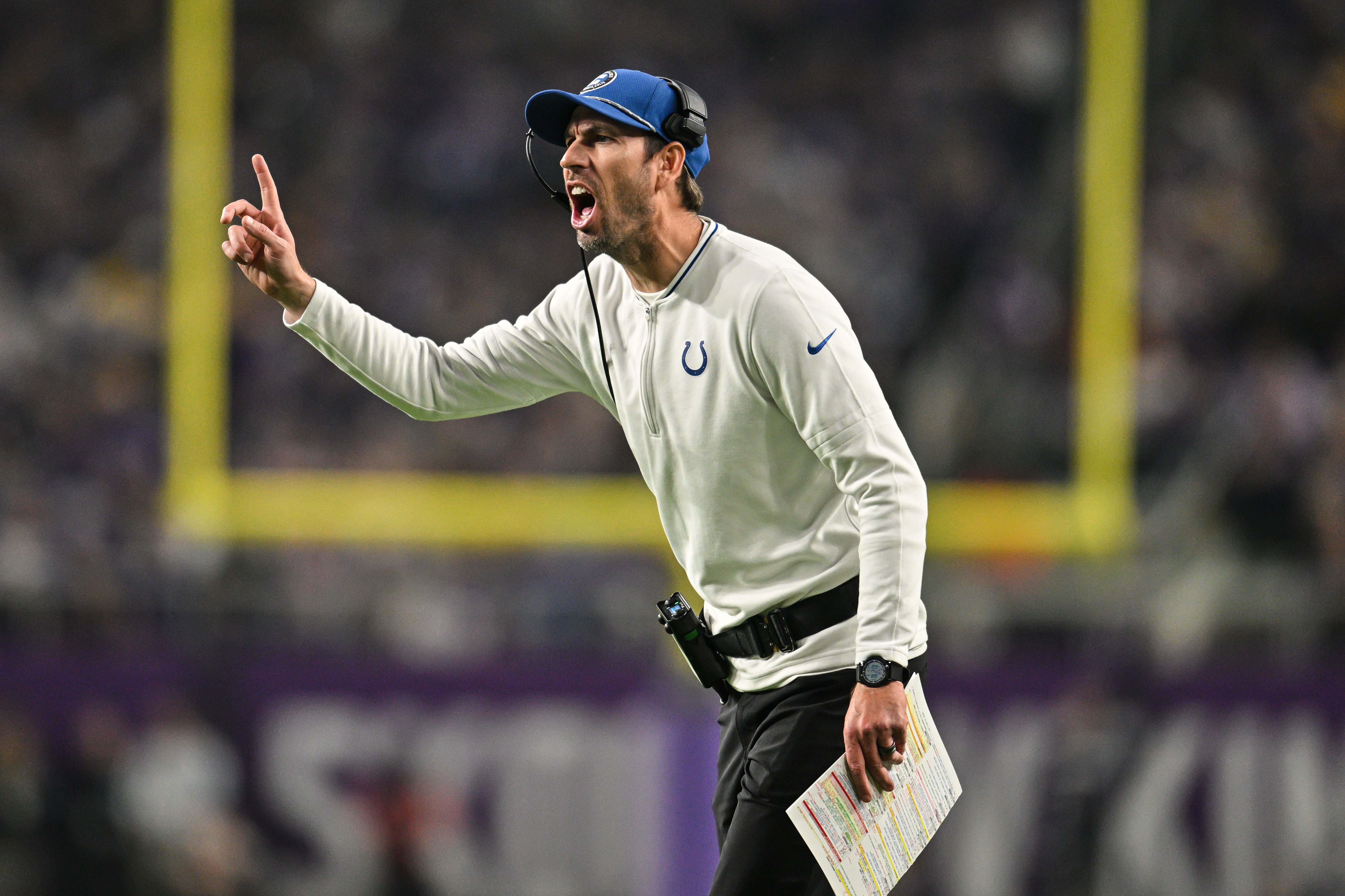 Nov 3, 2024; Minneapolis, Minnesota, USA; Indianapolis Colts head coach Shane Steichen reacts during the second quarter against the Minnesota Vikings at U.S. Bank Stadium.