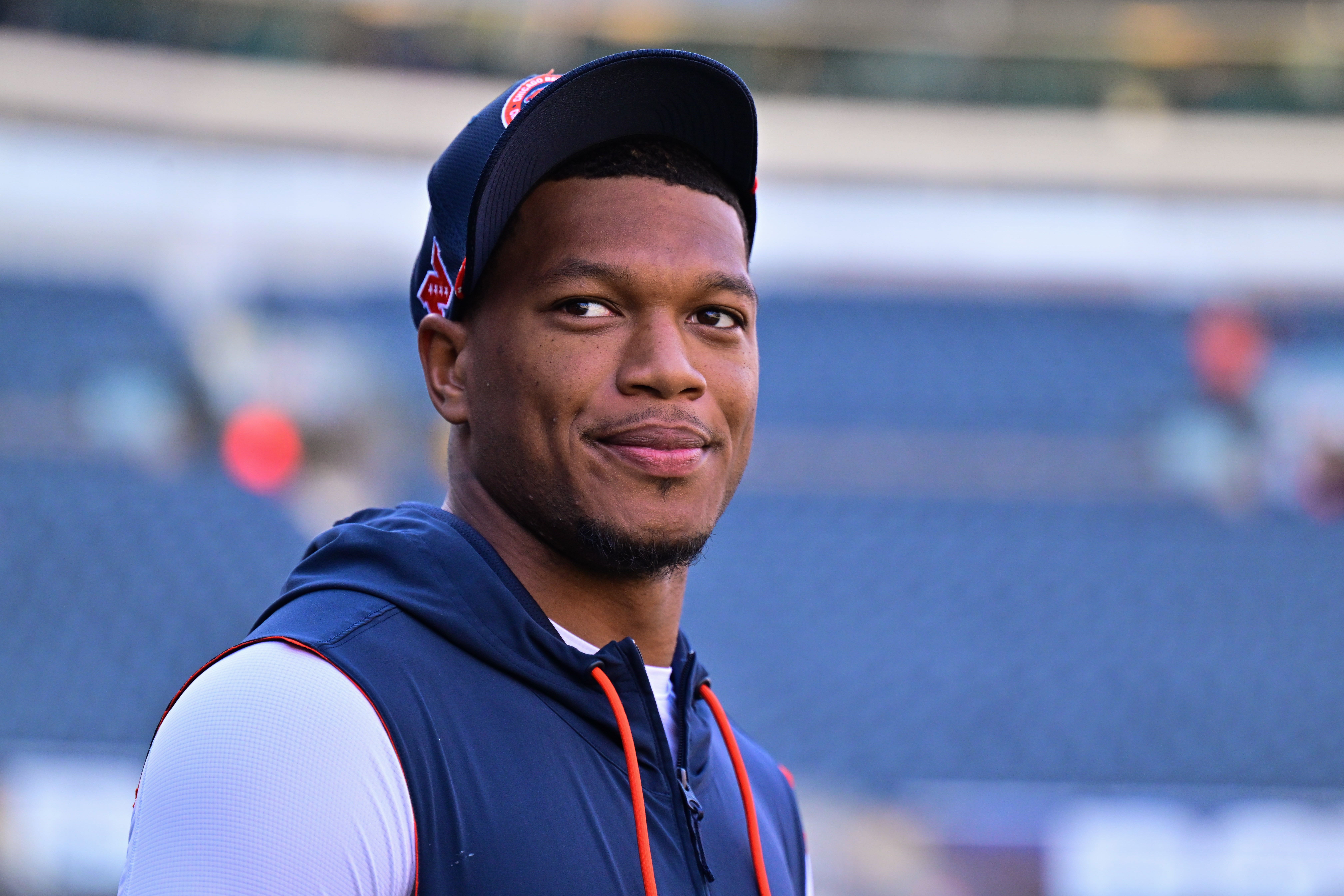 Oct 6, 2024; Chicago, Illinois, USA; Chicago Bears wide receiver DJ Moore (2) looks on before the game against the Carolina Panthers at Soldier Field.