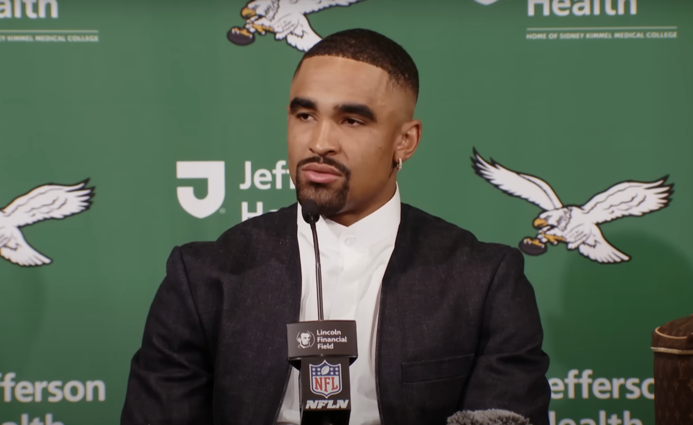 Philadelphia Eagles quarterbacks Jalen Hurts speaks to the media following Week 9 win over Jacksonville Jaguars