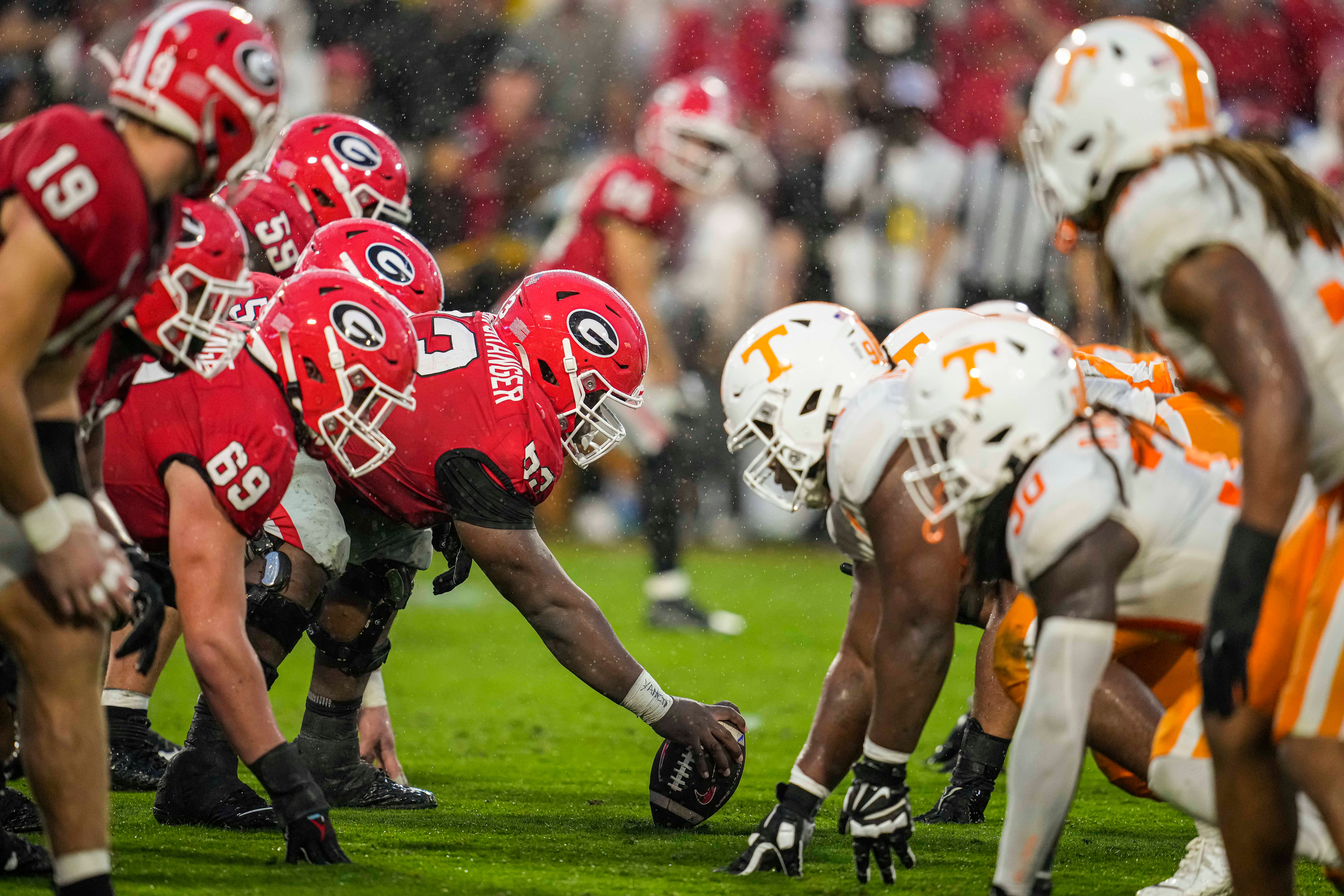 Nov 5, 2022; Athens, Georgia, USA; The Georgia Bulldogs and Tennessee Volunteers line up over the ball during the second half at Sanford Stadium.