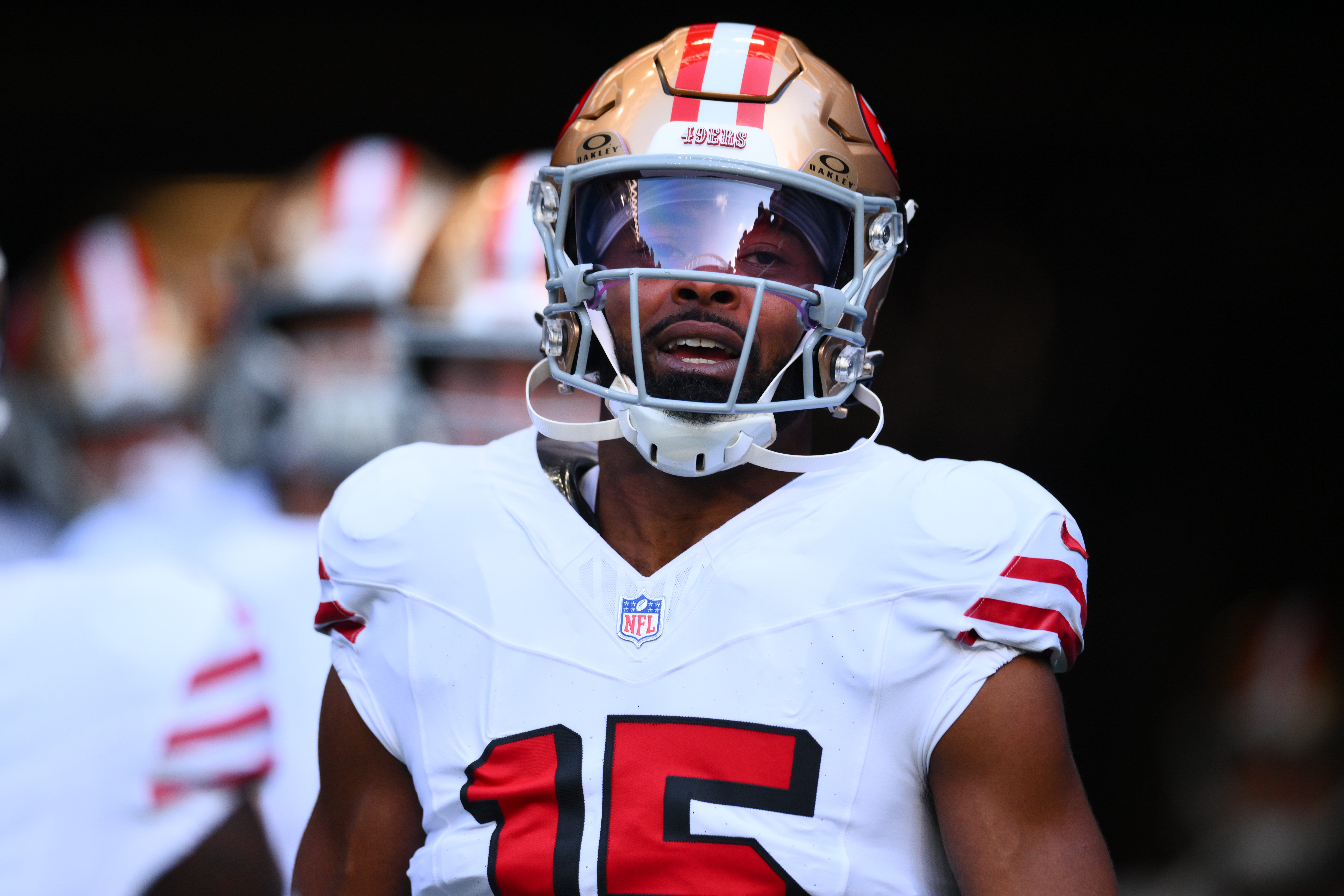 San Francisco 49ers wide receiver Jauan Jennings (15) leaves the tunnel during warmups before the game against the Seattle Seahawks at Lumen Field.