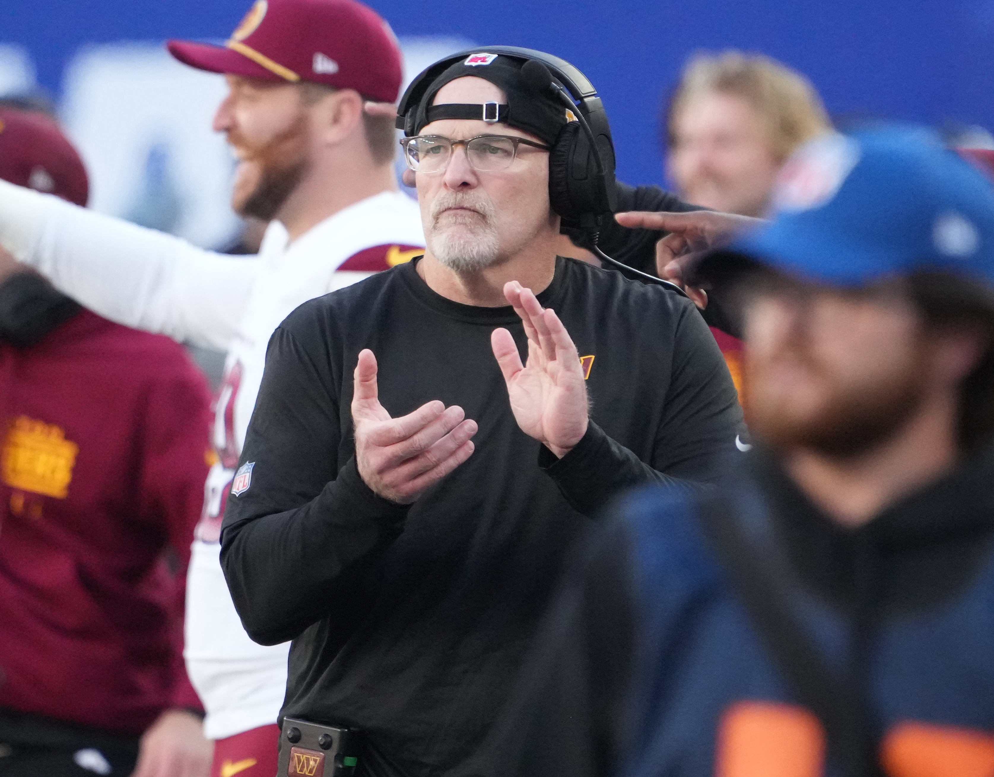 Nov 3, 2024; East Rutherford, New Jersey, USA; Washington Commanders head coach Dan Quinn against the New York Giants at MetLife Stadium.