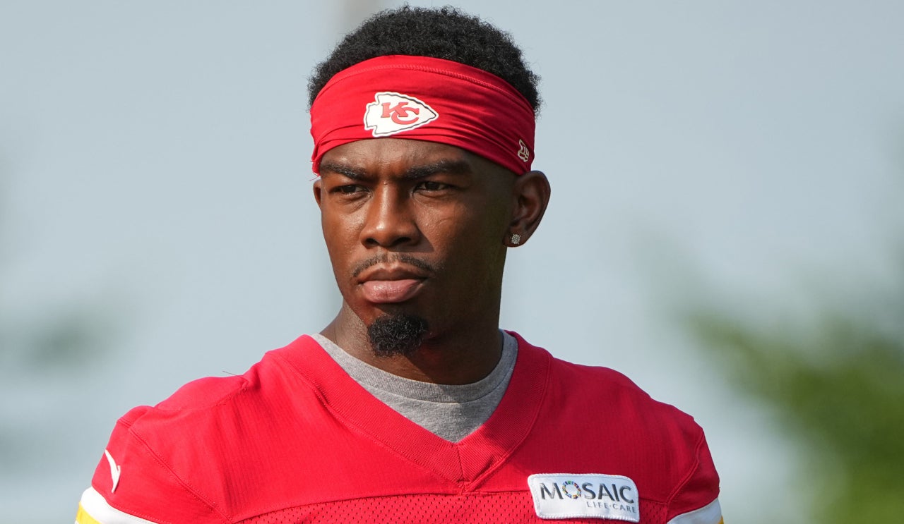 Kansas City Chiefs wide receiver Justyn Ross (8) walks down the hill from the locker room to the fields prior to training camp at Missouri Western State University.