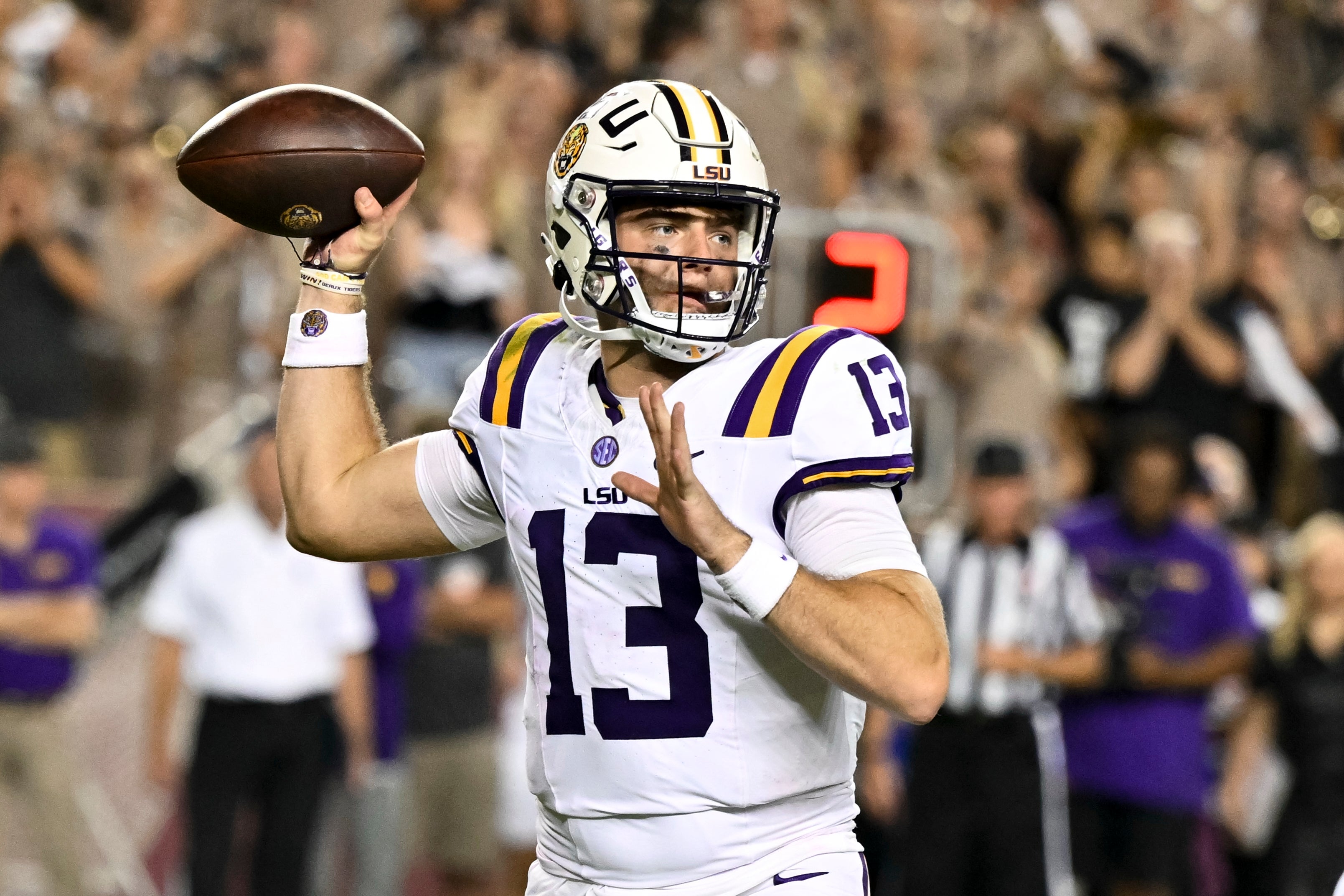 Oct 26, 2024; College Station, Texas, USA; LSU Tigers quarterback Garrett Nussmeier (13) looks to pass the ball in the fourth quarter against the Texas A&M Aggies at Kyle Field.