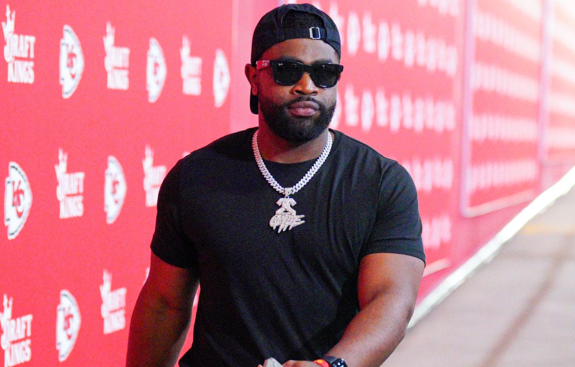 Oct 7, 2024; Kansas City, Missouri, USA; Kansas City Chiefs running back Clyde Edwards-Helaire (25) enters the stadium via a player’s tunnel prior to a game against the New Orleans Saints at GEHA Field at Arrowhead Stadium.