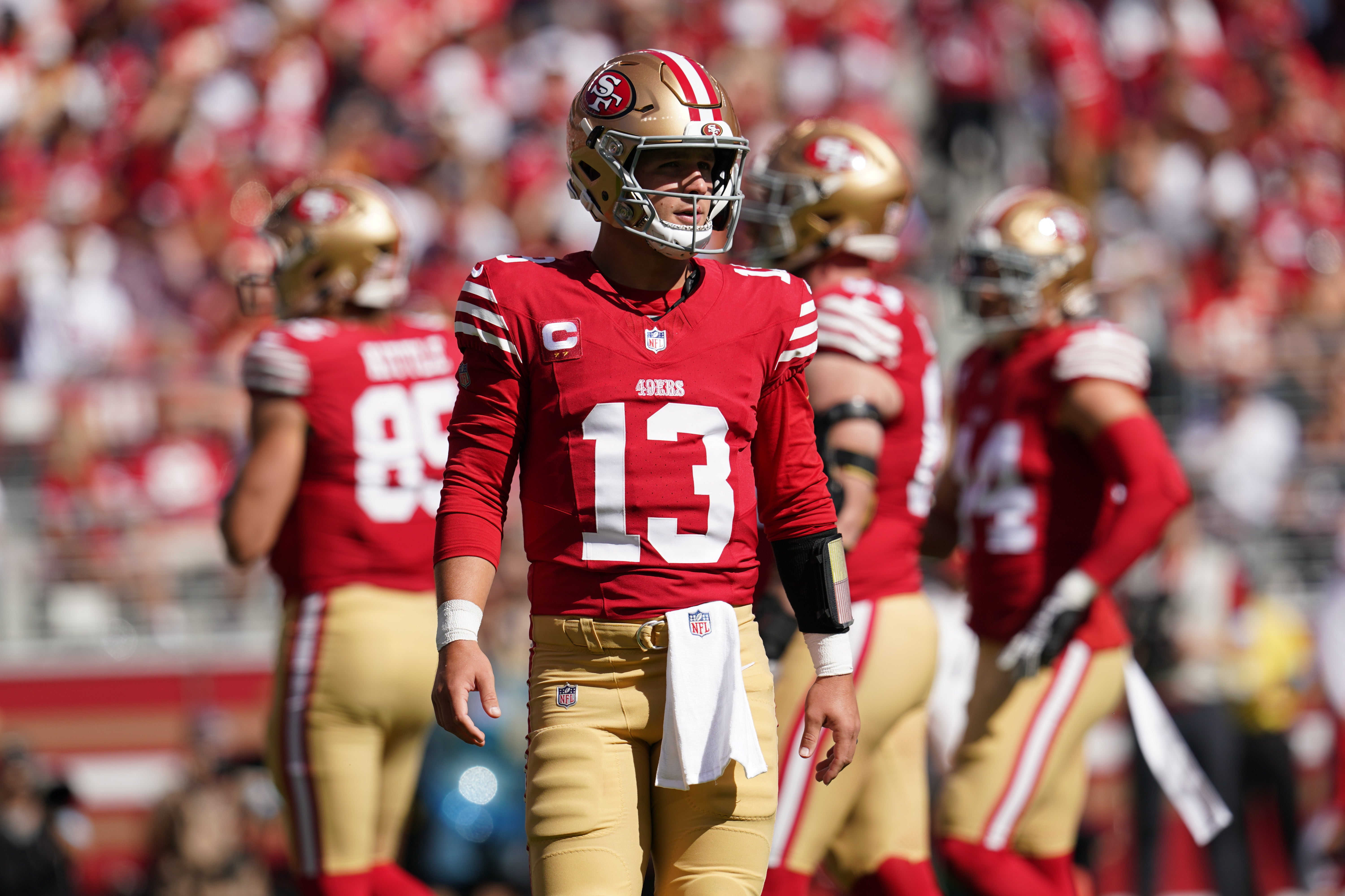 San Francisco 49ers quarterback Brock Purdy (13) stands on the field against the Kansas City Chiefs in the first quarter at Levi's Stadium.