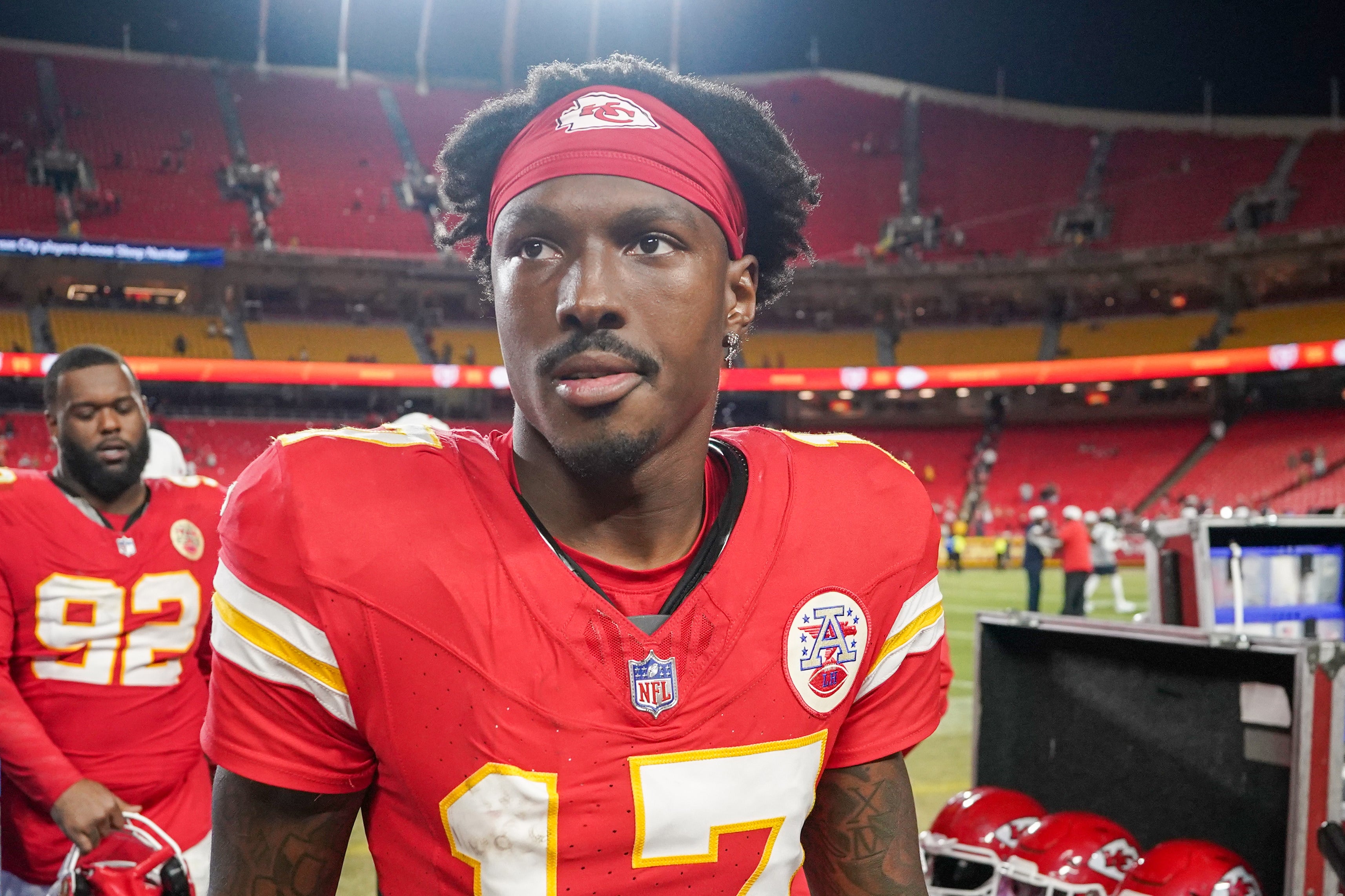 Aug 22, 2024; Kansas City, Missouri, USA; Kansas City Chiefs wide receiver Mecole Hardman (17) leaves the field after the game against the Chicago Bears at GEHA Field at Arrowhead Stadium.