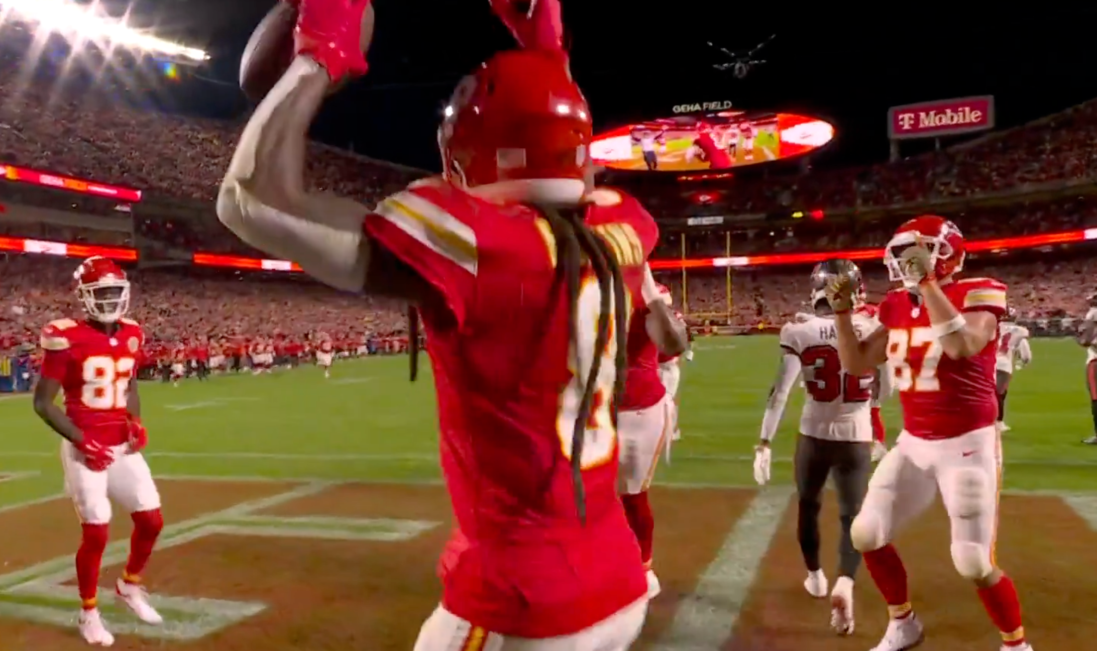 DeAndre Hopkins celebrates first touchdown with Kansas City Chiefs during Monday Night Football game against Tampa Bay Buccaneers.