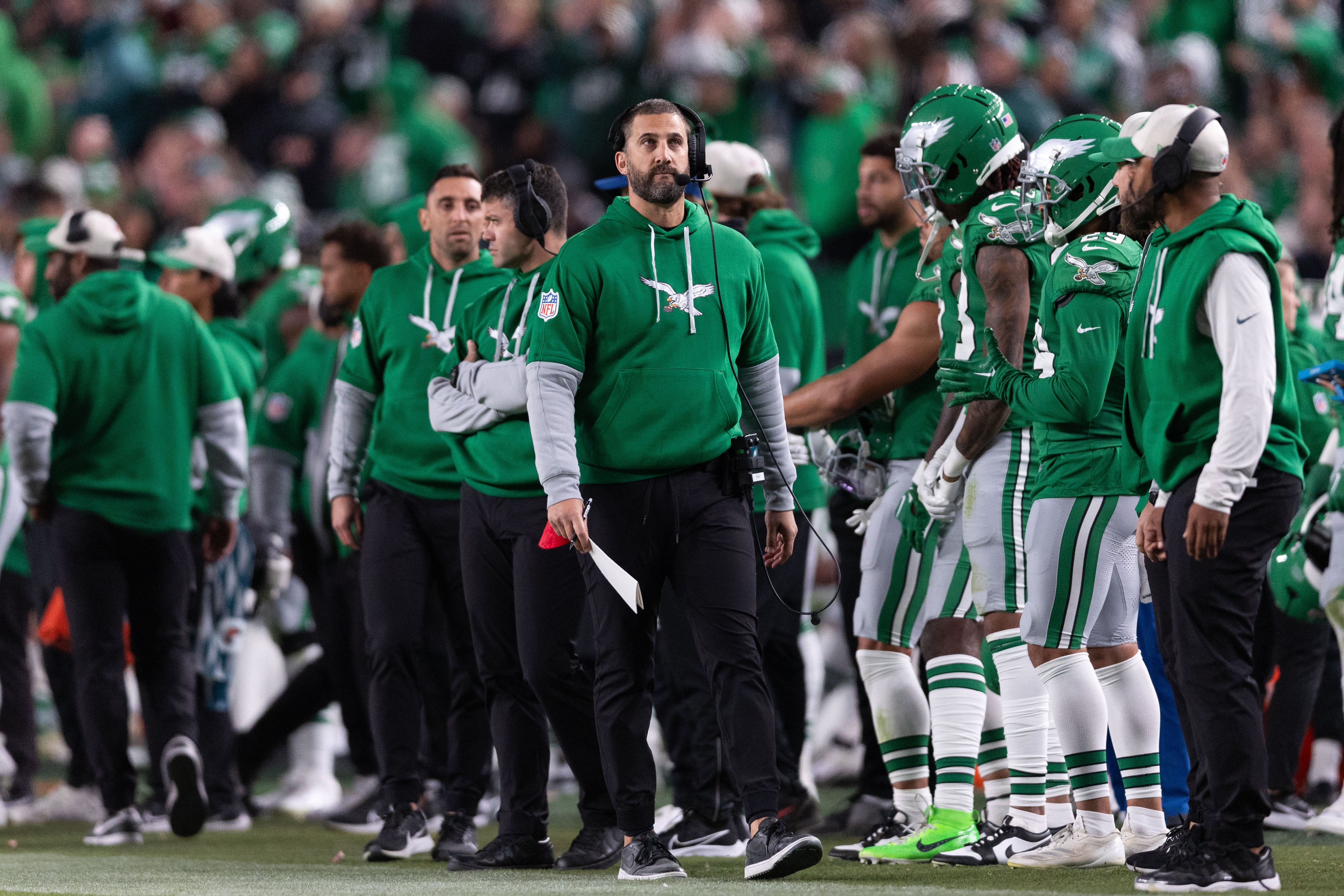 Philadelphia Eagles head coach Nick Sirianni looks on during the fourth quarter against the Jacksonville Jaguars at Lincoln Financial Field.