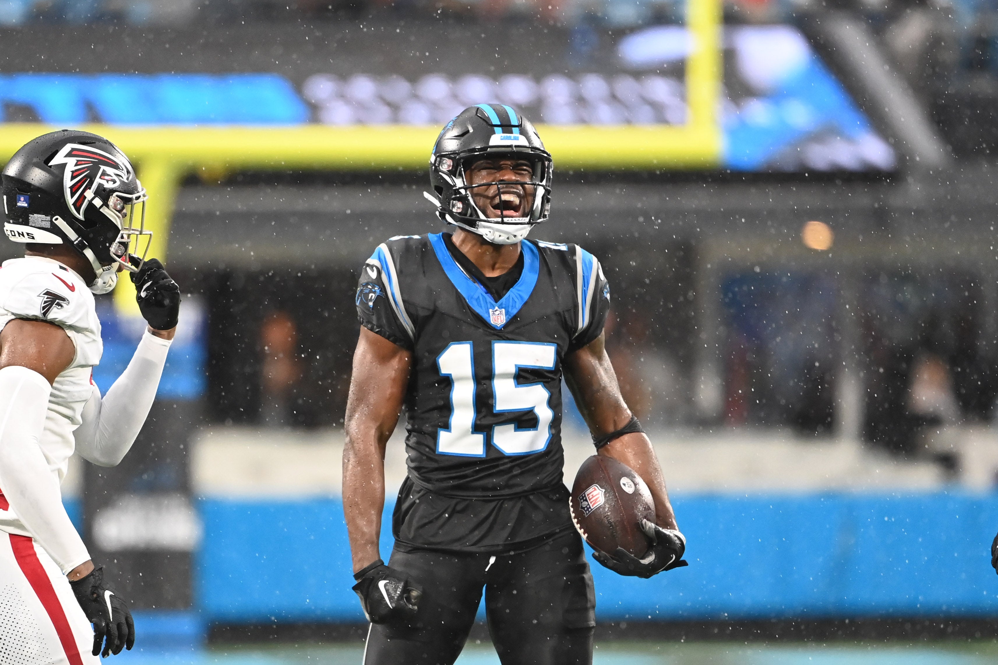 Carolina Panthers wide receiver Jonathan Mingo (15) reacts after making a catch in the fourth quarter at Bank of America Stadium.
