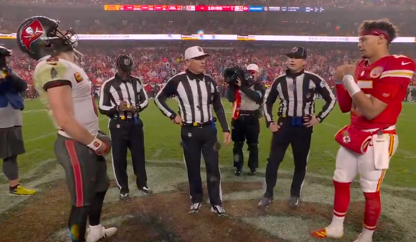 Baker Mayfield reacts to the Kansas City Chiefs winning the coin toss in overtime in Monday night's primetime game.