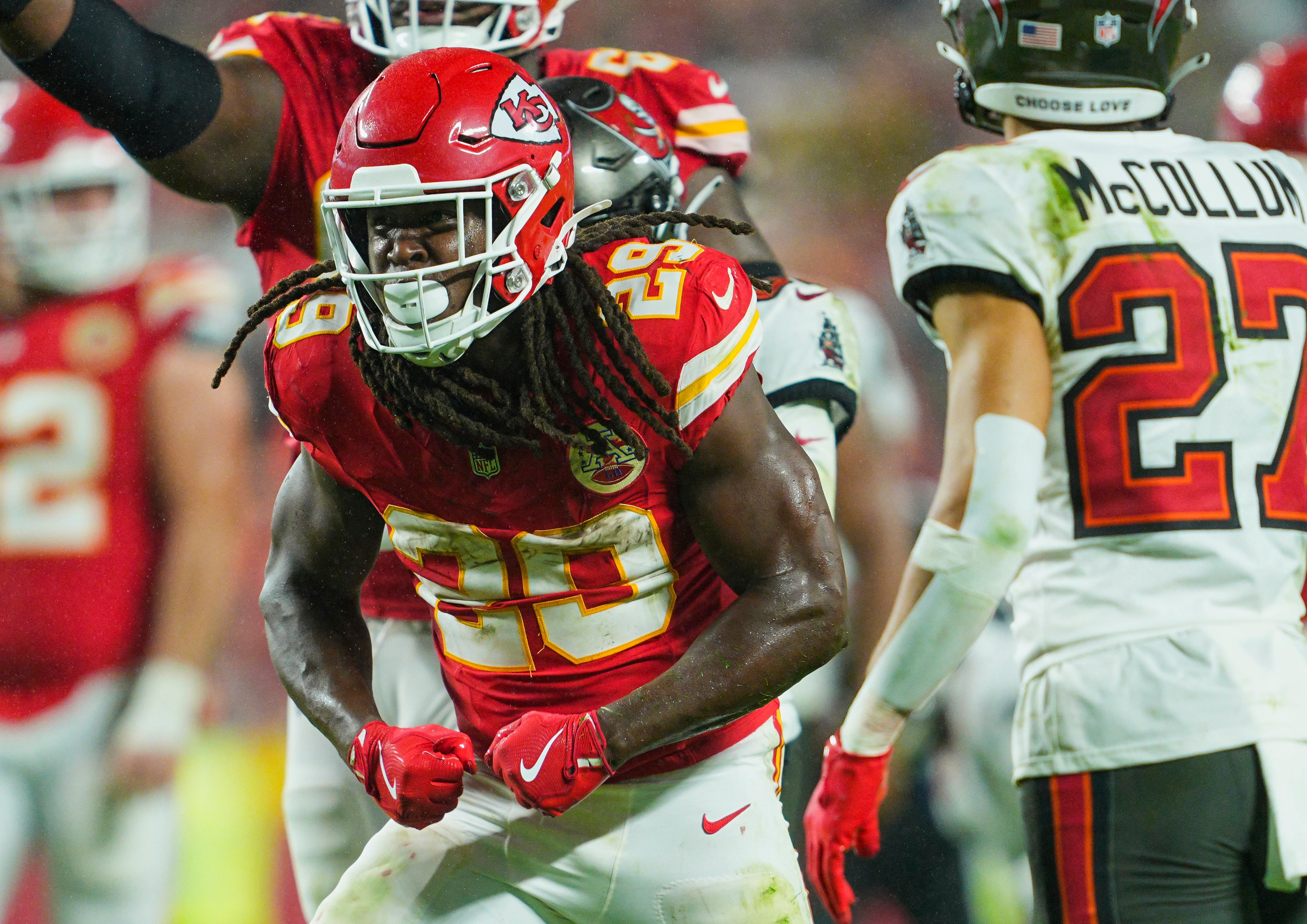 Nov 4, 2024; Kansas City, Missouri, USA; Kansas City Chiefs running back Kareem Hunt (29) celebrates after a play during the second half against the Tampa Bay Buccaneers at GEHA Field at Arrowhead Stadium.