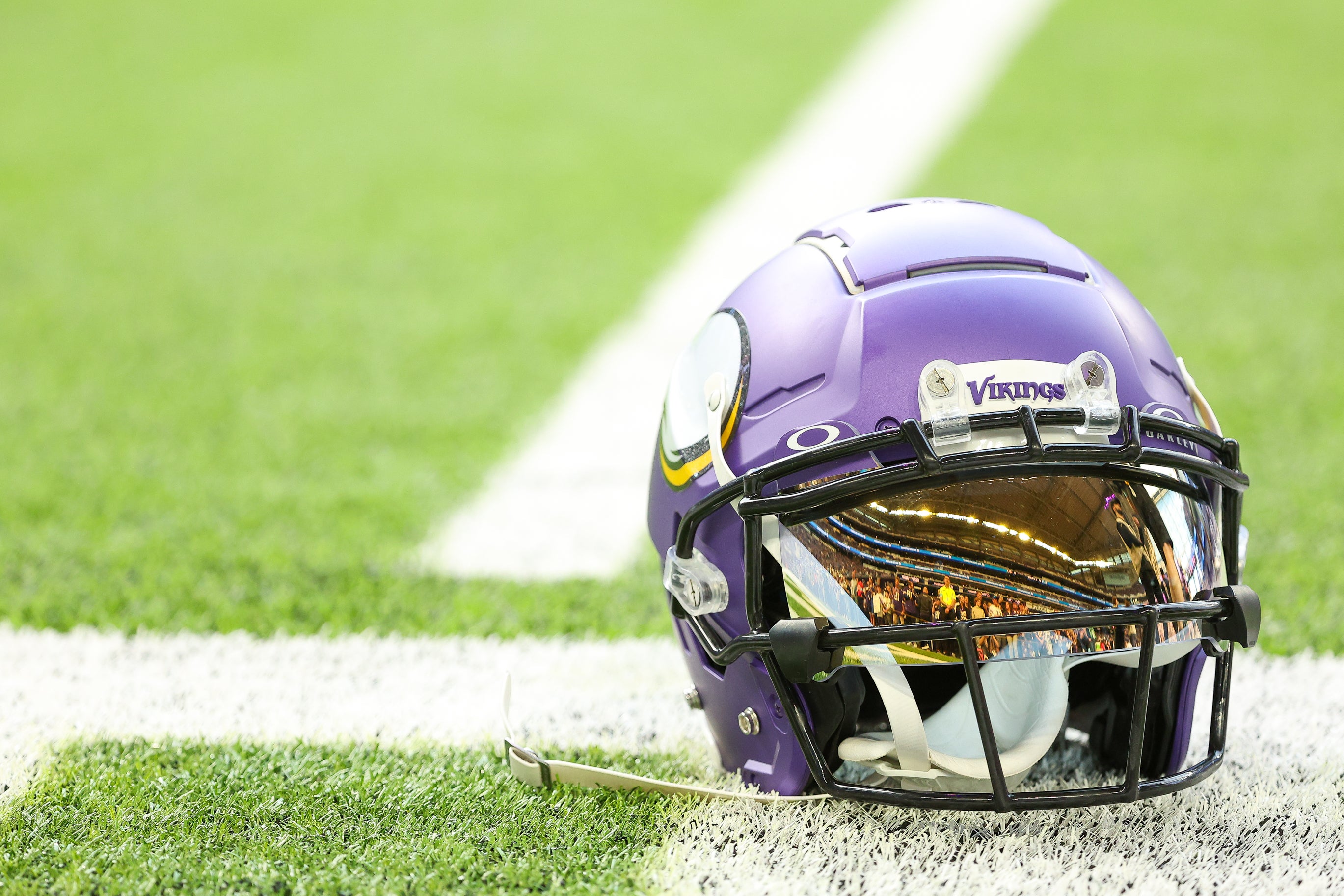 Oct 20, 2024; Minneapolis, Minnesota, USA; A detailed view of Minnesota Vikings wide receiver Justin Jefferson's (18) helmet before the game against the Detroit Lions at U.S. Bank Stadium.