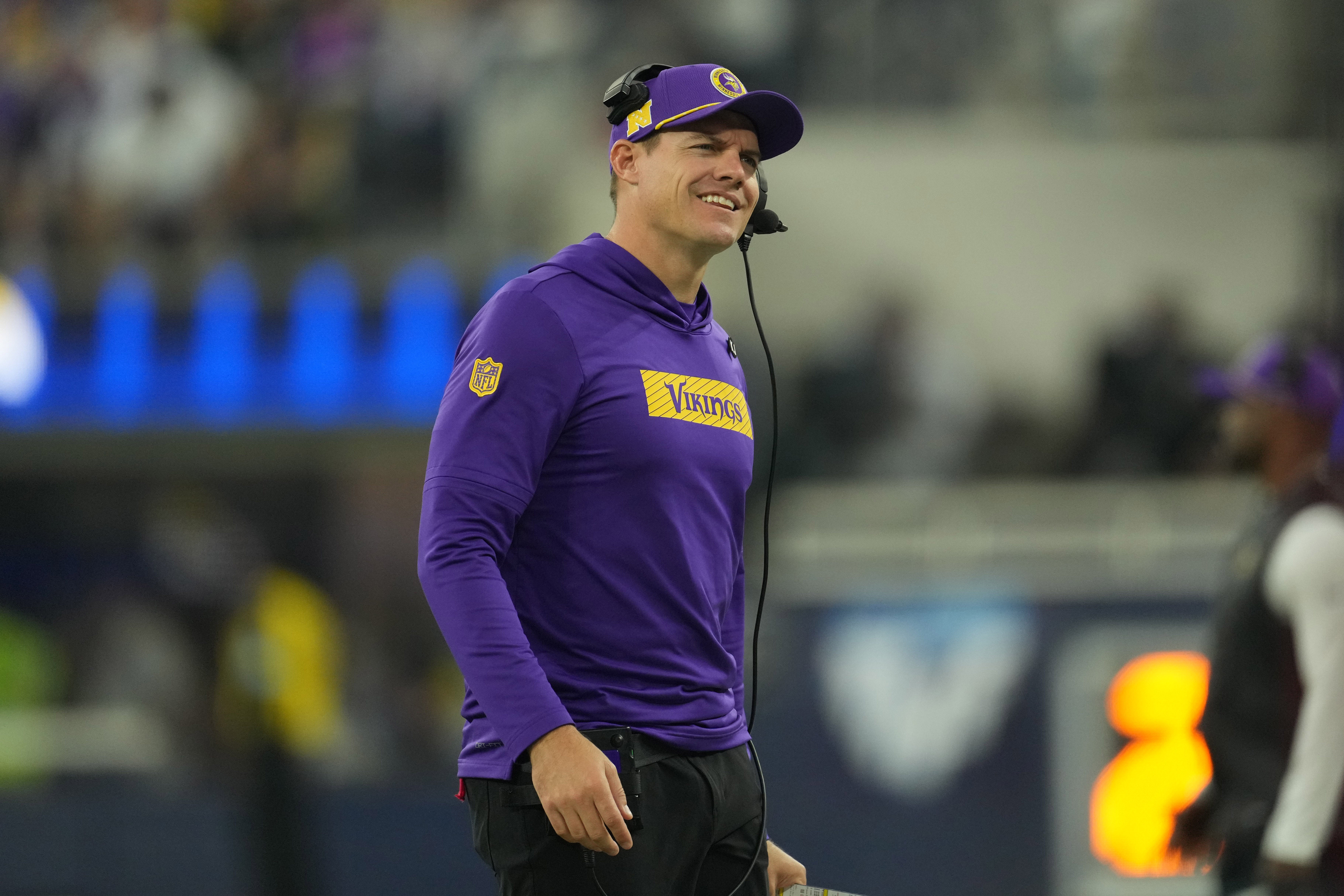 Oct 24, 2024; Inglewood, California, USA; Minnesota Vikings coach Kevin O'Connell reacts against the Los Angeles Rams in the first half at SoFi Stadium.