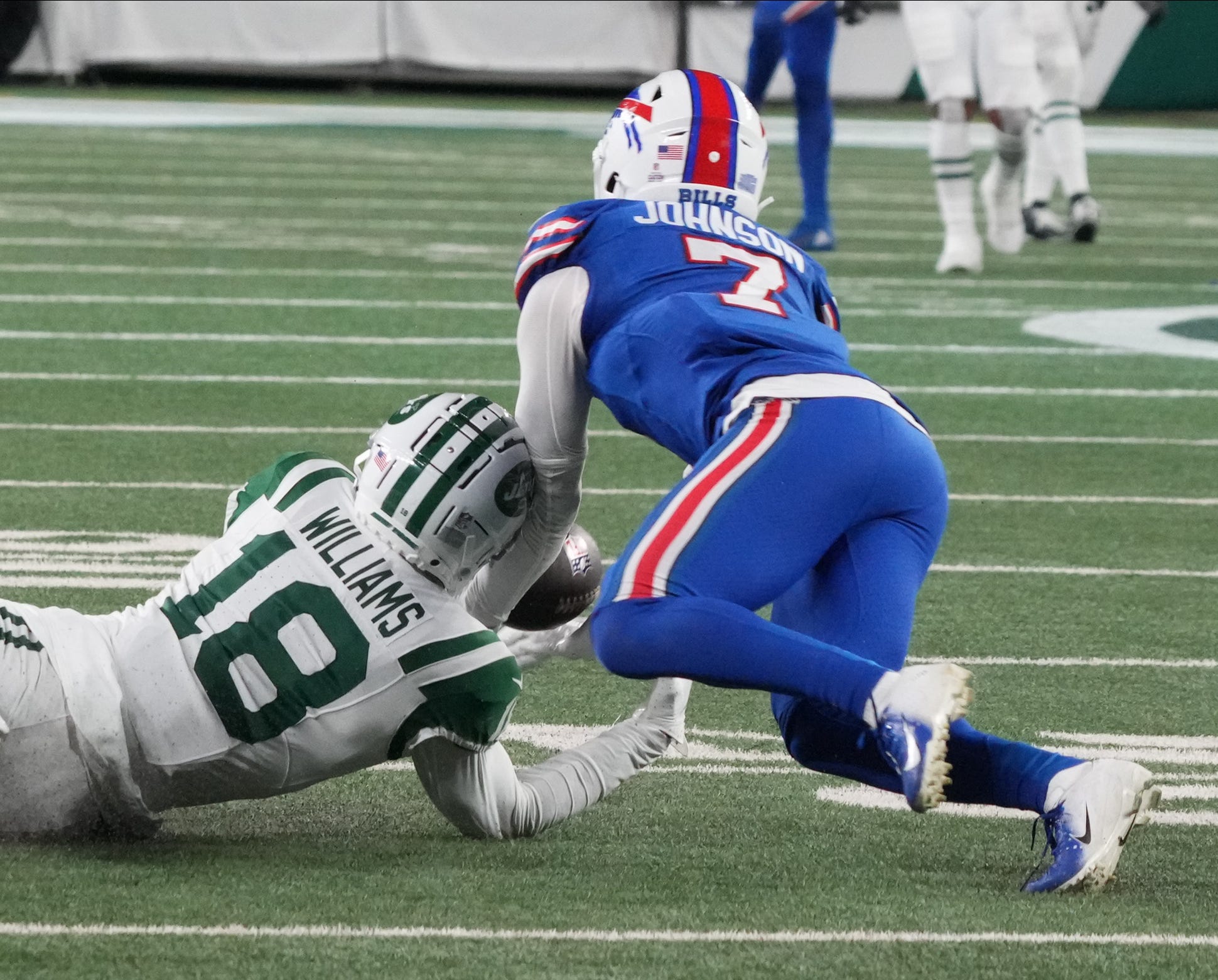 A pass intended for Mike Williams of the Jets is intercepted by Taron Johnson of Buffalo ending a late game drive for the Jets. The Buffalo Bills came to MetLife Stadium to play the NY Jets. The Jets played their first game under new interim head coach Jeff Ulbrich.