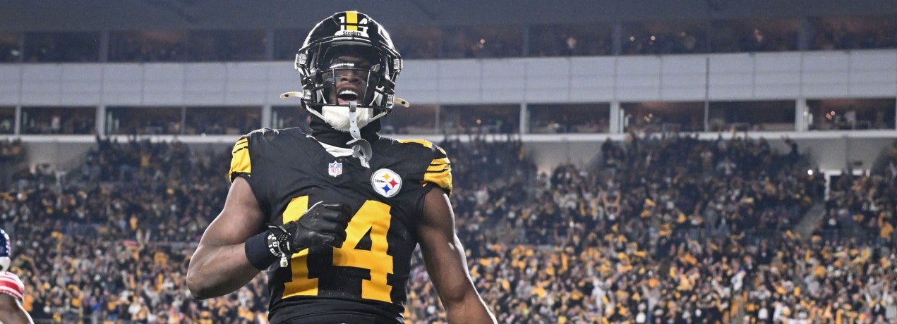 Oct 28, 2024; Pittsburgh, Pennsylvania, USA; Pittsburgh Steelers wide receiver George Pickens (14) celebrates a touchdown pass that was called back for a penalty against the New York Giants during the first half at Acrisure Stadium.