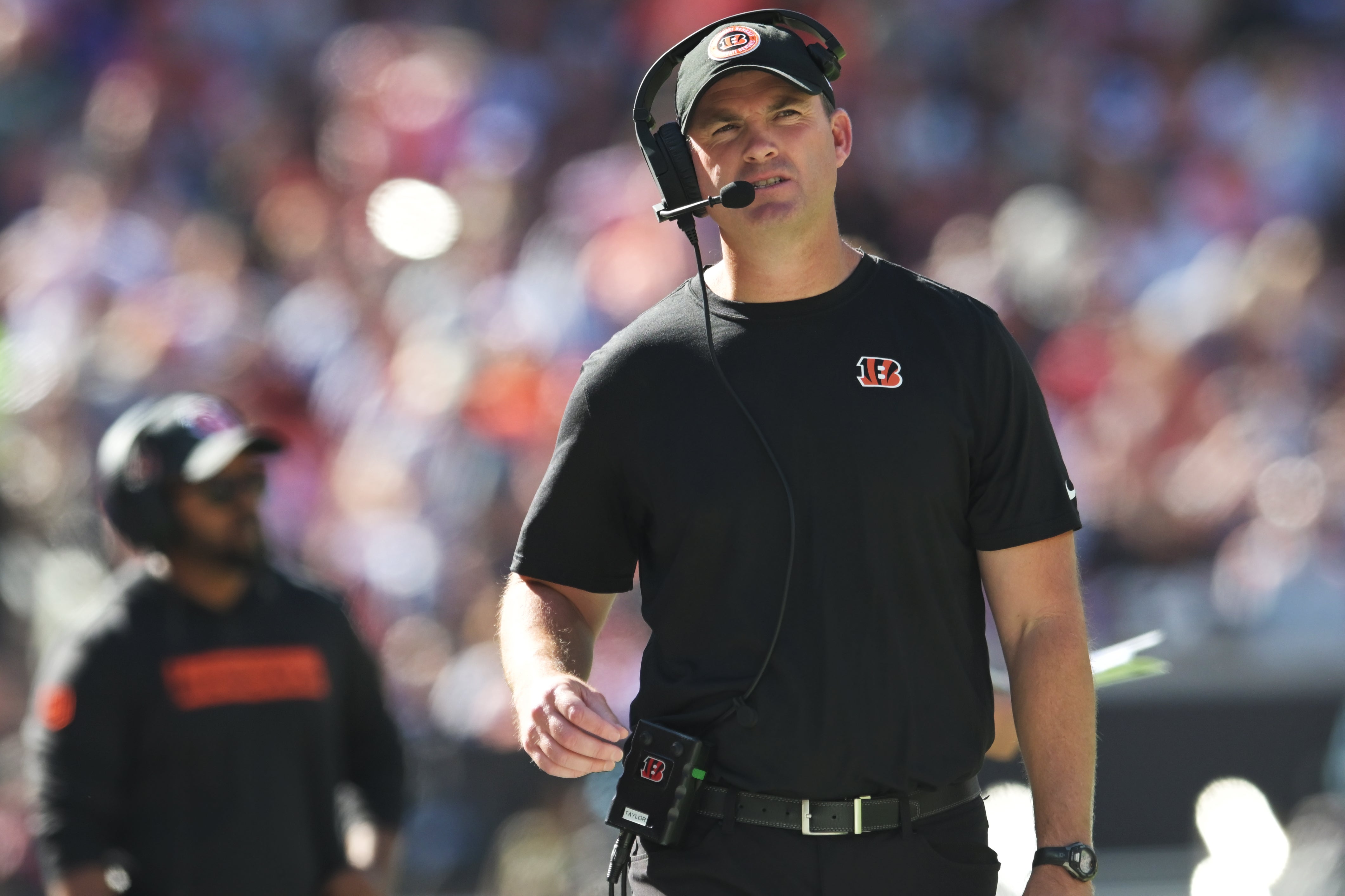 Oct 20, 2024; Cleveland, Ohio, USA; Cincinnati Bengals head coach Zac Taylor reacts during the first half against the Cleveland Browns at Huntington Bank Field.