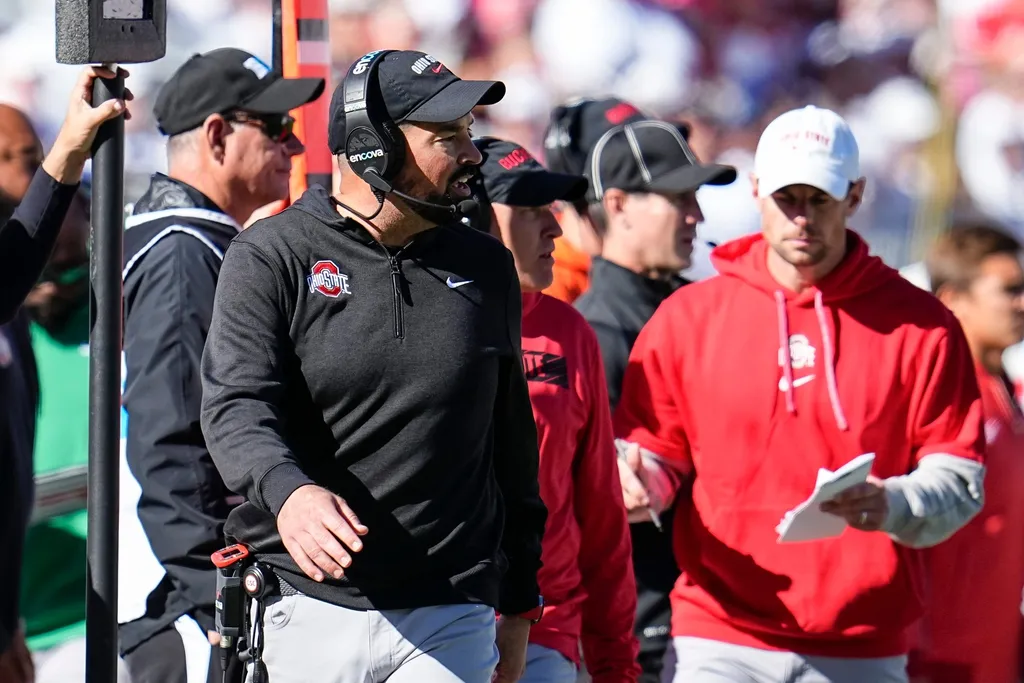 Ohio State Buckeyes head coach Ryan Day watches from the sideline during the NCAA football game against the Penn State Nittany Lions at Beaver Stadium in University Park, Pa. on Monday, Nov. 4, 2024. ...