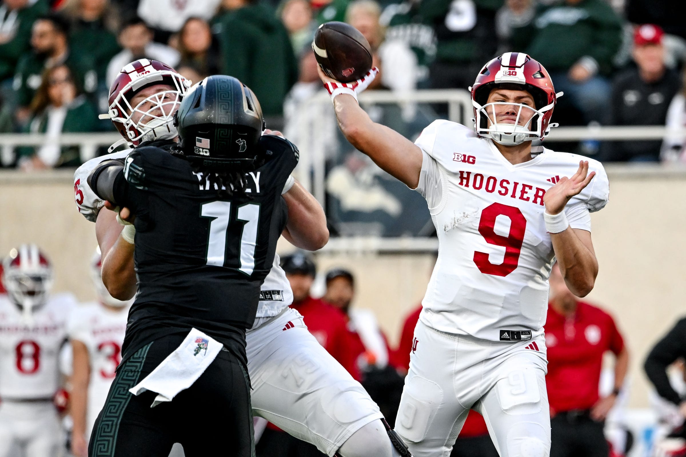 Indiana's Kurtis Rourke throws a pass during the third quarter in the game against Michigan State on Saturday, Nov. 2, 2024, at Spartan Stadium in East Lansing.