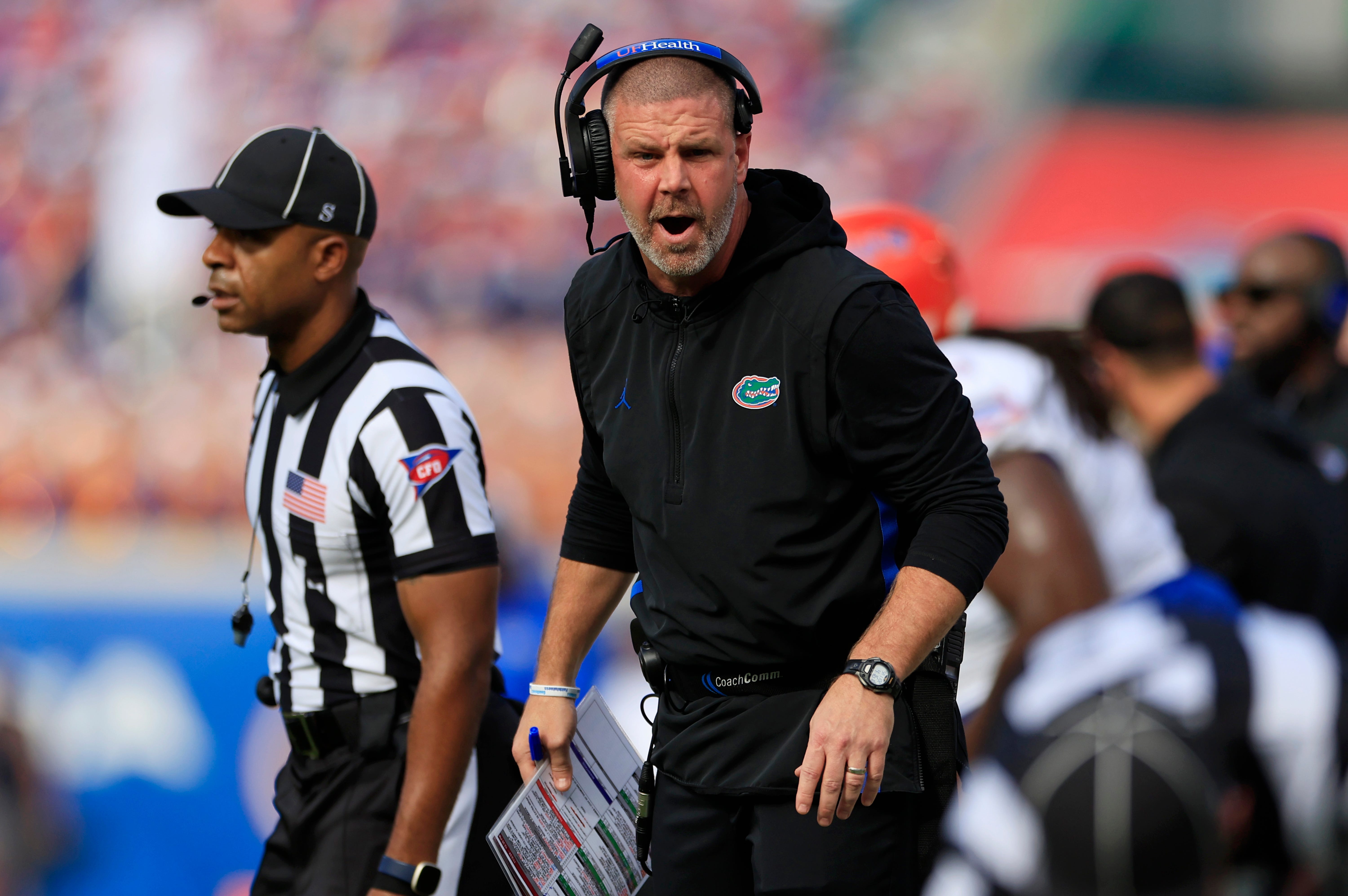 Florida Gators head coach Billy Napier argues with officials during the first quarter of an NCAA college football matchup Saturday, Nov. 2, 2024 at EverBank Stadium in Jacksonville, Fla. The Georgia Bulldogs defeated the Florida Gators 34-20.