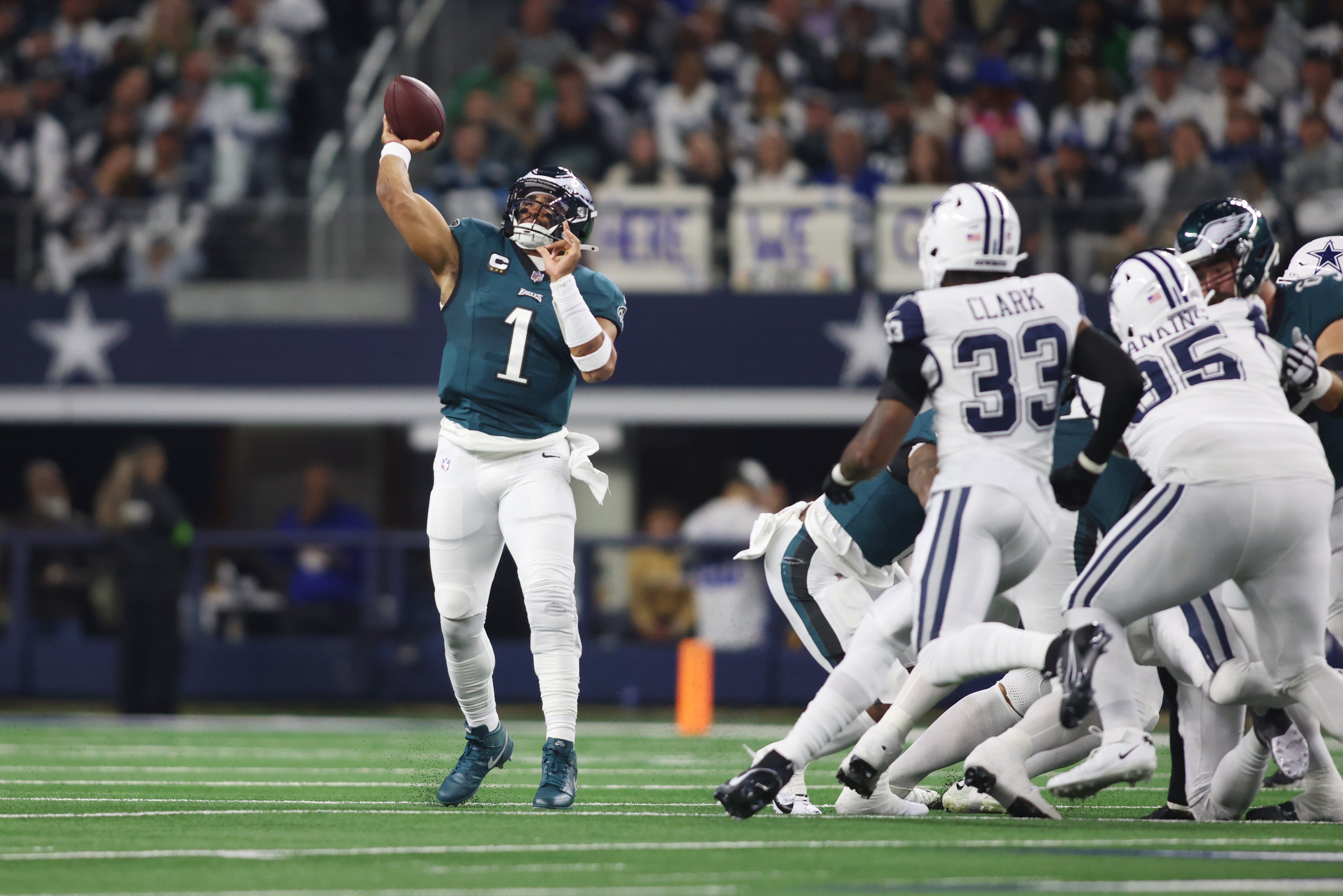 Philadelphia Eagles quarterback Jalen Hurts (1) throws a pass in the first quarter against the Dallas Cowboys at AT&T Stadium.